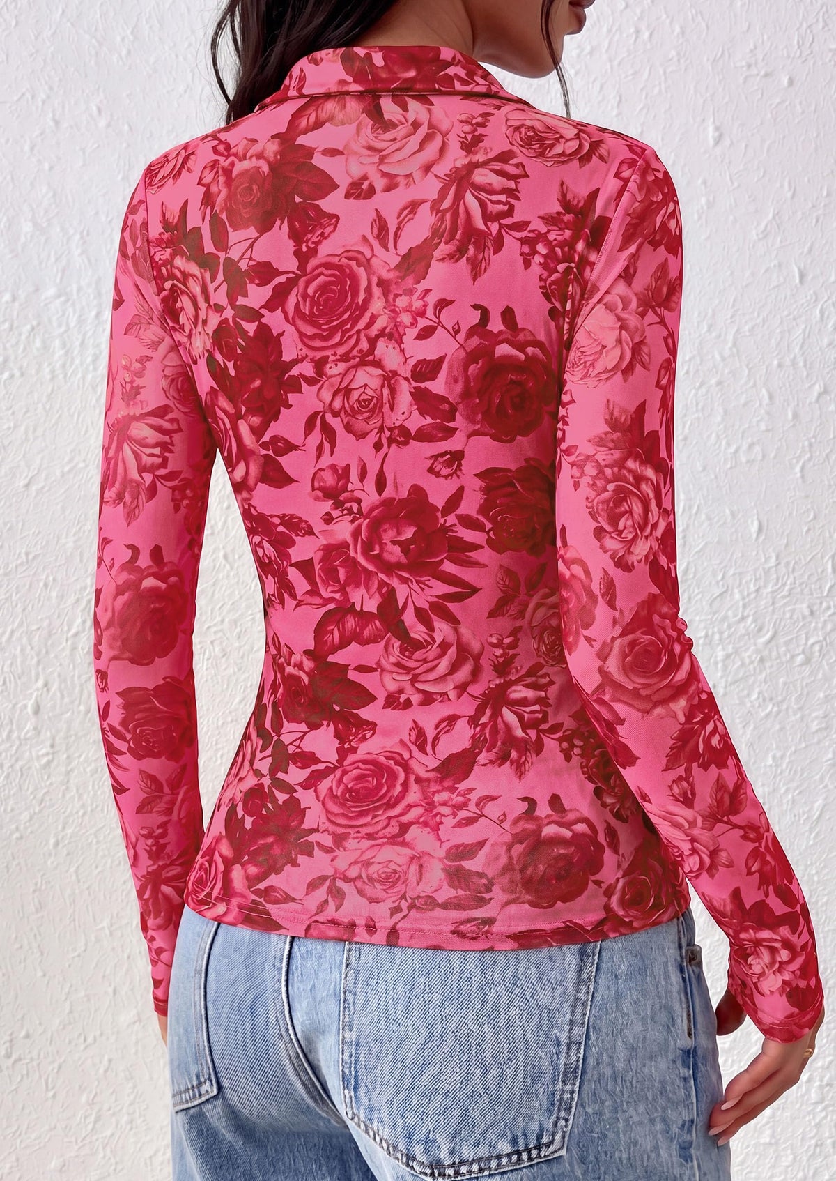 PRETTYGARDEN Women's Long Sleeve Boho Floral Mesh Tops Fall V Neck Blouses,Fitted Polo Shirts, Collared, Double Lined, Dressy Casual, Going Out Date Night Outfits, Spring Lightweight Travel Clothes