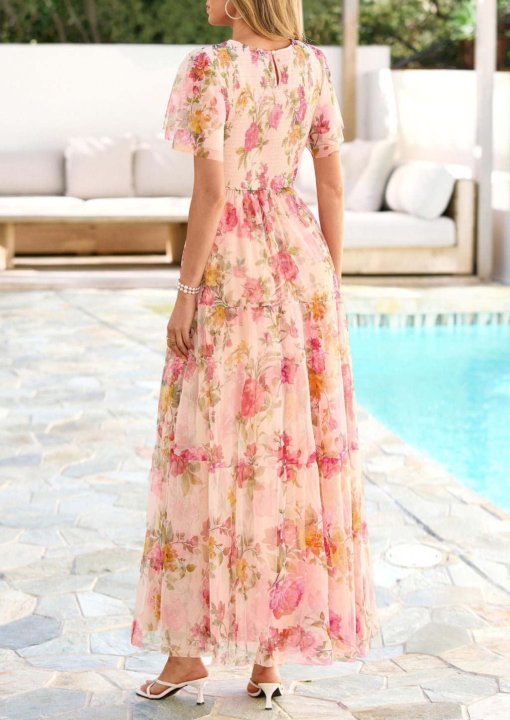 PRETTYGARDEN Tulle Floral Dress Women Summer Wedding Guest  Spring Short Sleeve Maxi Smocked Flowy Beach Party Dresses