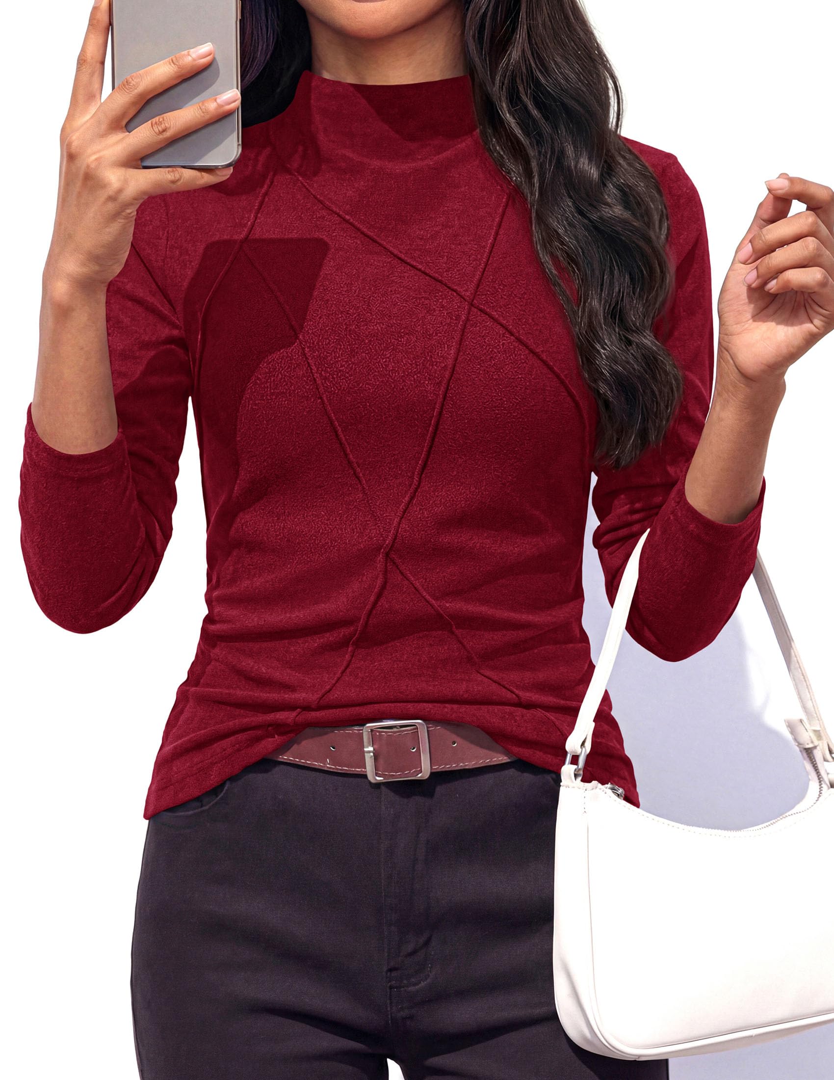 PRETTYGARDEN Women's Fall Mock Neck Long Sleeve Shirts | Soft Stretchy Knit,Geometric Seam Stitching,Slim Fitted Basic Tees,Thermal Casual Wear,Daily Work Layering Winter Tunic Top
