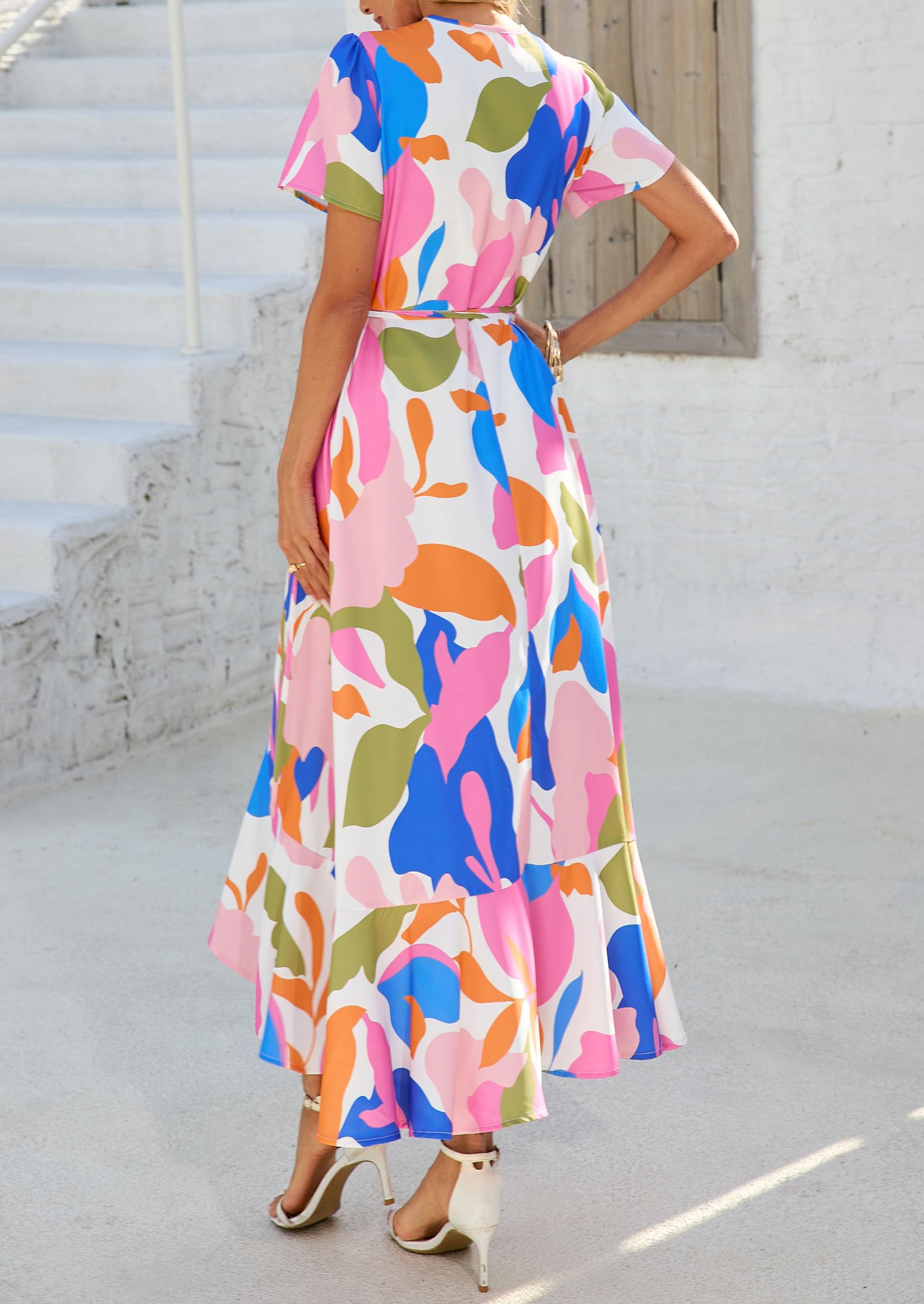 PRETTYGARDEN Women's Summer Maxi Dress Casual Wrap Floral Boho Short Sleeve V Neck Split Ruffle Beach Long Dresses