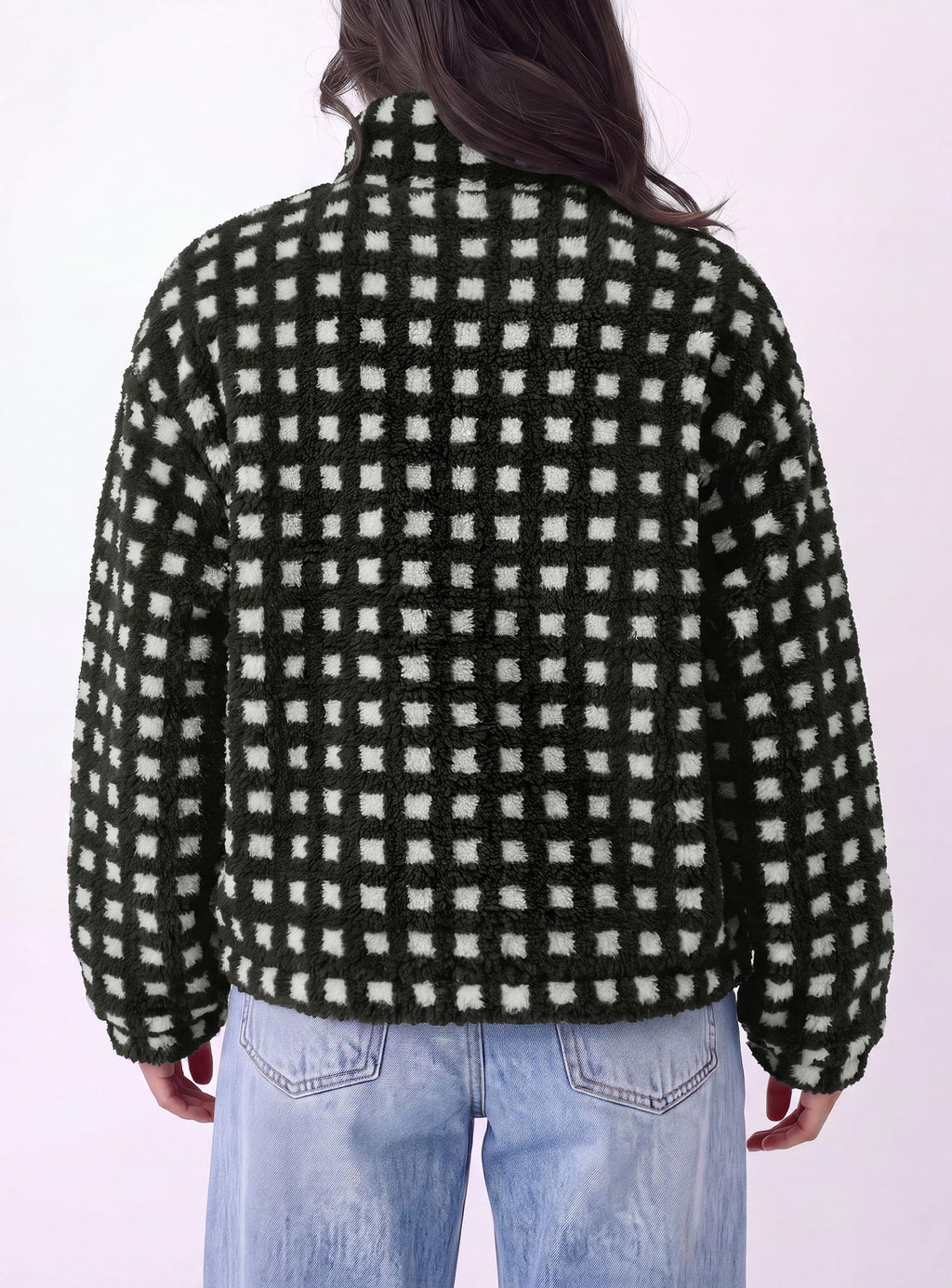 PRETTYGARDEN Women's Gingham Sherpa Fleece Jacket Plaid Cropped Teddy Coat Trendy Y2K Winter Jacket, Zip Up Stand Collar, Side Pockets, Fall Outfit for Casual Daily, Going Out, Streetwear, Outdoor