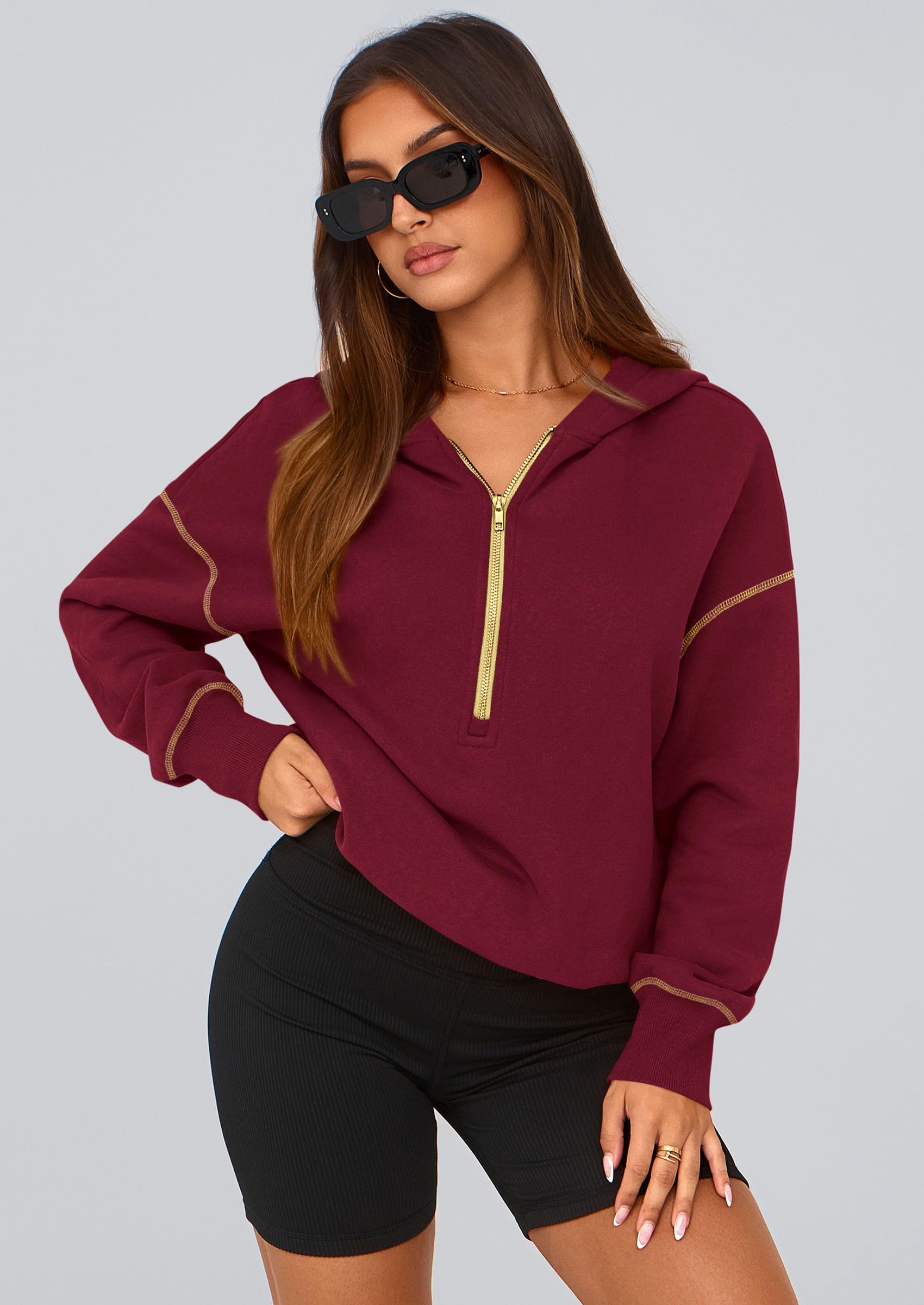 PRETTYGARDEN Women's  Fall Hooded Sweatshirts Long Sleeve Half Zip Cropped Hoodies Pullover Winter Fashion Clothes