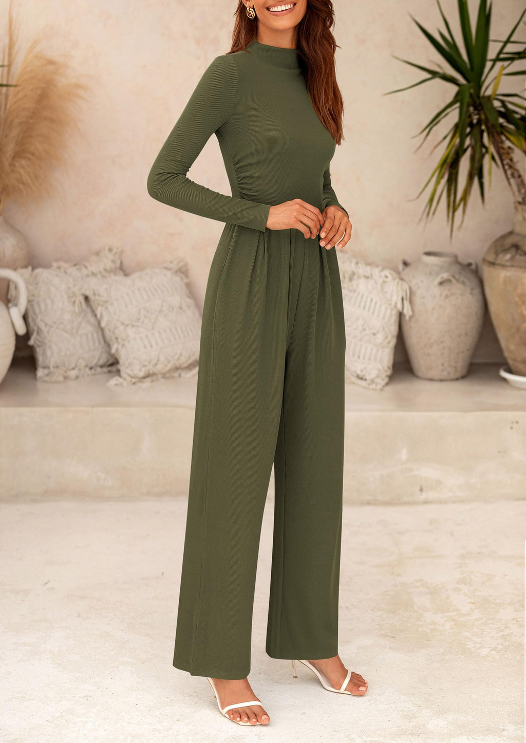PRETTYGARDEN Womens Jumpsuit Dressy Casual Spring Fall Fashion One Piece Outfits Long Sleeve Mock Neck Wide Leg Pants Rompers