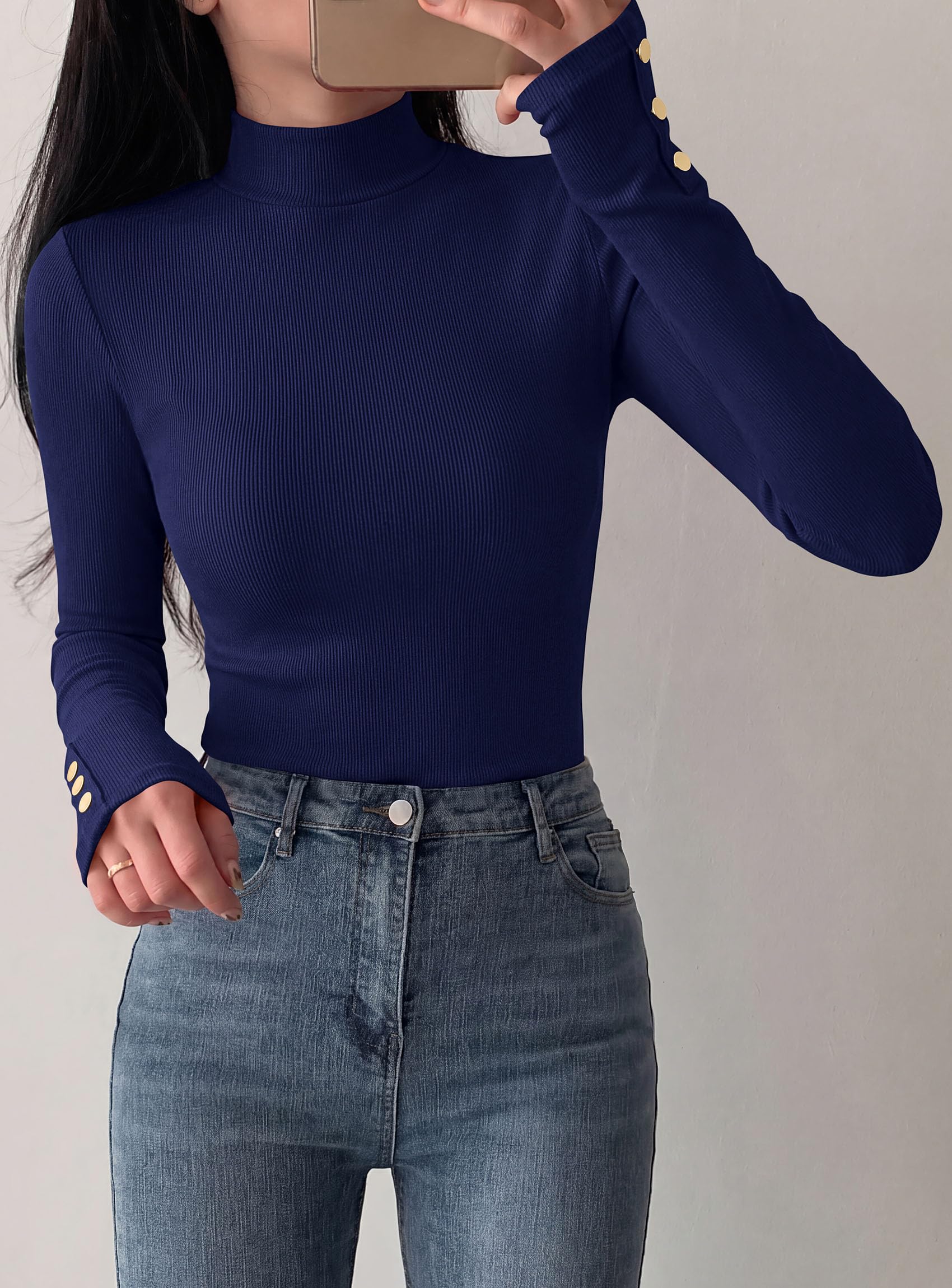 PRETTYGARDEN Women's Ribbed Mock Neck Long Sleeve Tops | Slim Fitted T-Shirts, Soft Stretch, Decorative Buttons, Going Out Work Casual Wear, Fall Outfits Layering Winter Clothes