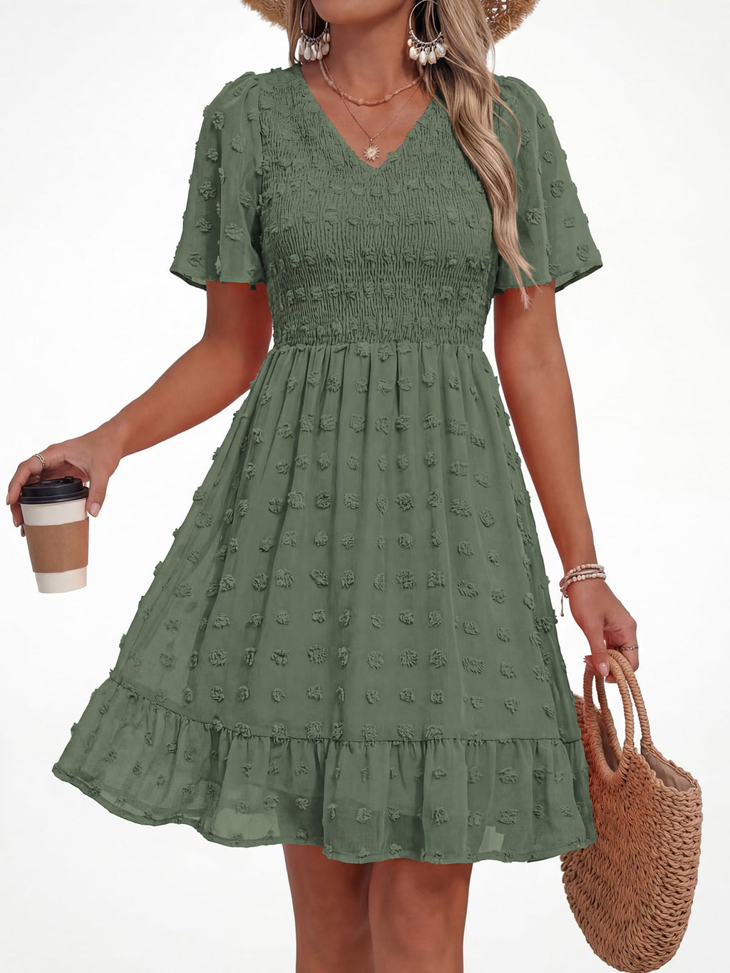 FreshPretty Womens Beach Vacation Dress Summer V Neck Short Sleeve Smocked Swiss Dot Ruffle Casual Mini Spring Dresses