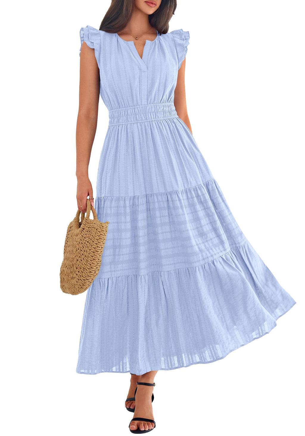 BTFBM Womens Summer Maxi Dress  Spring Boho Vacation Ruffle Flutter Short Sleeve A Line Tiered Flowy Dresses Pockets
