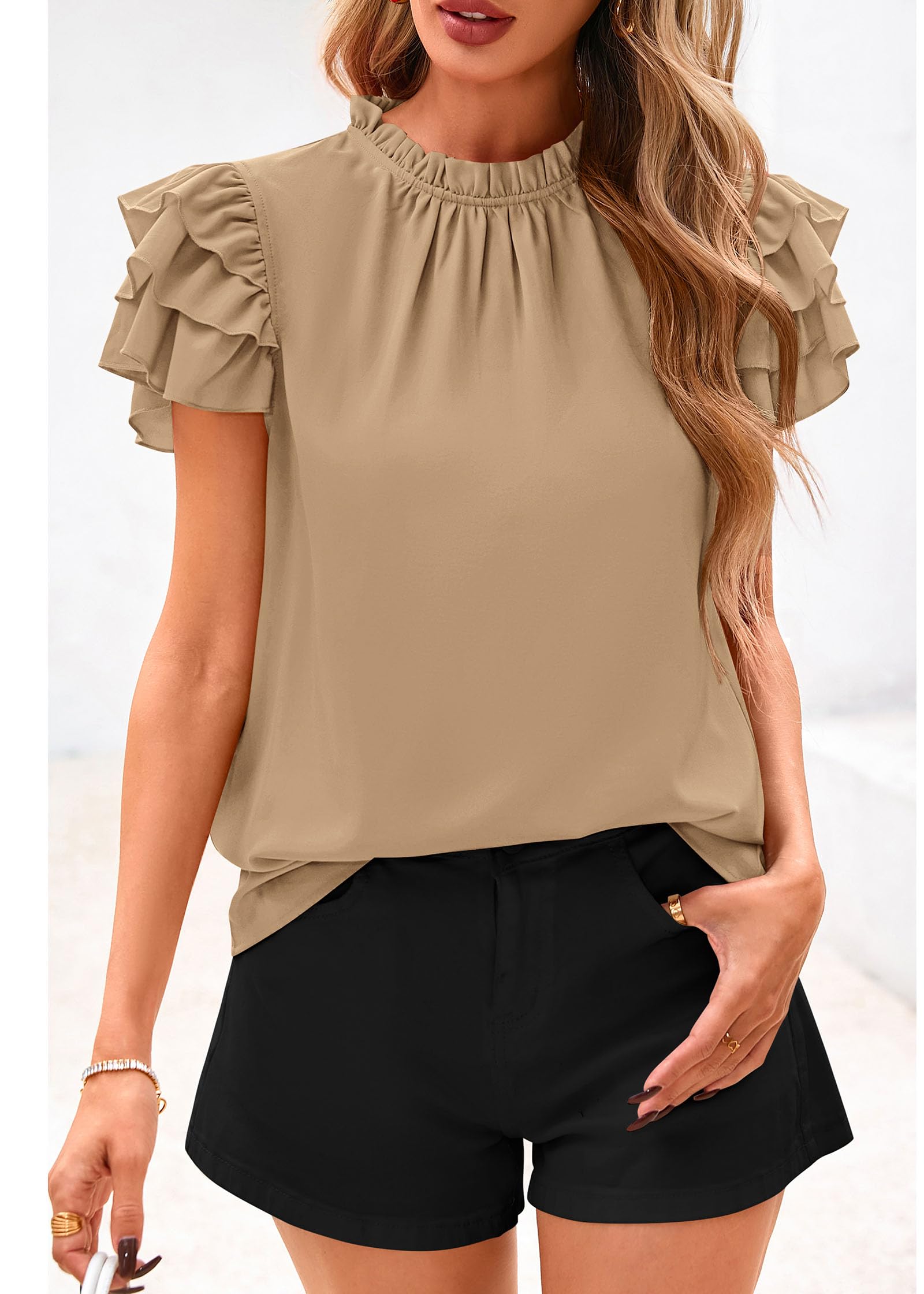FreshPretty Blouses for Women Dressy Casual Spring Summer Ruffle Short Sleeve Mock Neck Work Shirts Tops Fashion Clothing