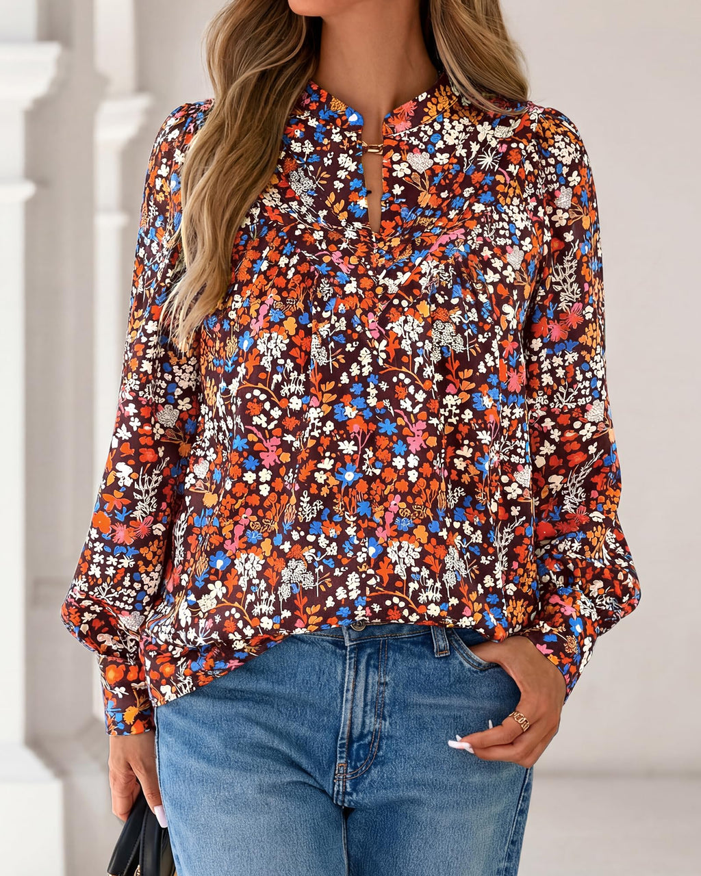 BTFBM Womens Tops Dressy Casual Spring Boho Floral V Neck Long Sleeve Half Button Down Shirt Work Business Blouses