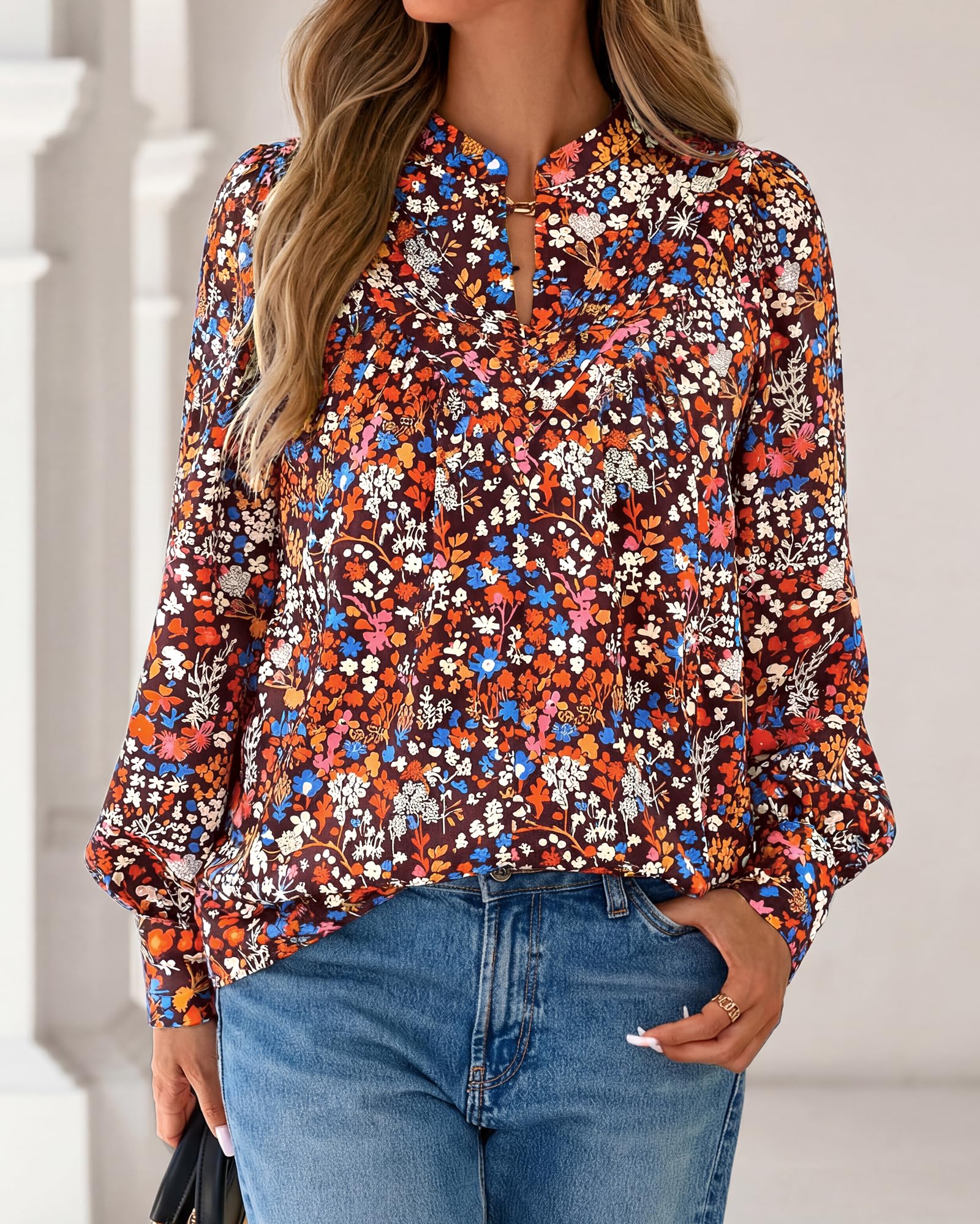 BTFBM Womens Tops Dressy Casual Spring Boho Floral V Neck Long Sleeve Half Button Down Shirt Work Business Blouses