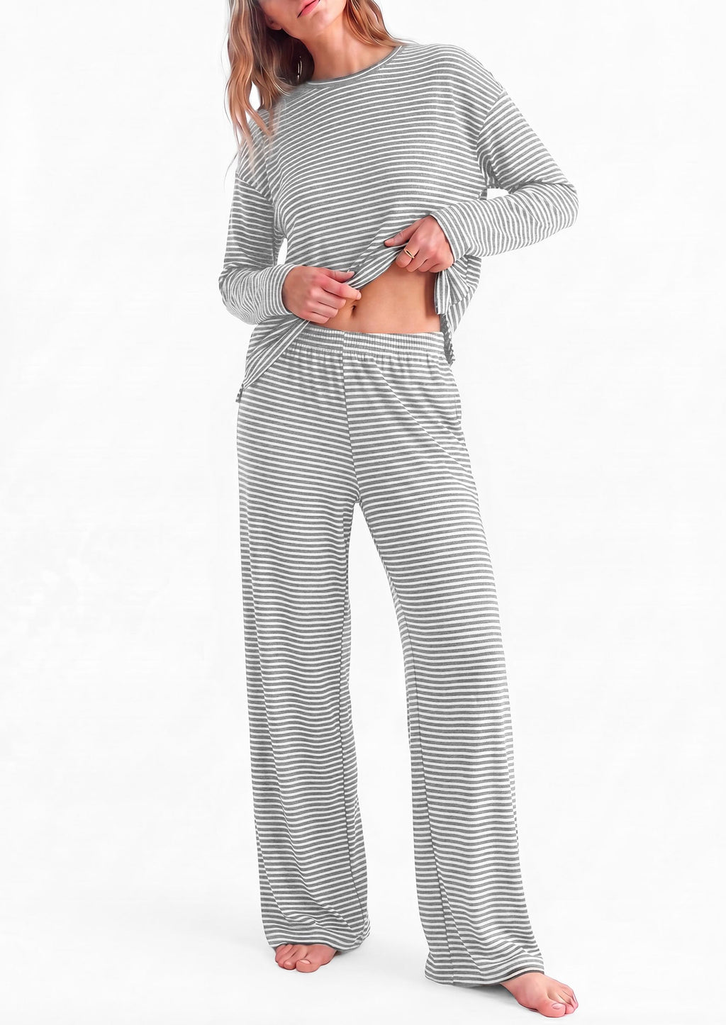 PRETTYGARDEN Womens Striped Lounge Set Fall Winter 2 Piece Sets Side Slit Long Sleeve T-Shirts & Wide Leg Pants, Matching Pajama Sets, Comfy Pj Set, Loungewear with Pockets, Fashion Clothes