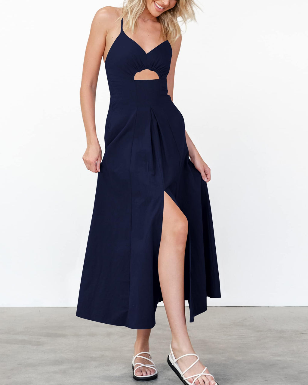 BTFBM Women Spaghetti Strap Midi Summer Dresses Sleeveless V Neck Cutout Slit Casual Beach Party Maxi Dress Pockets