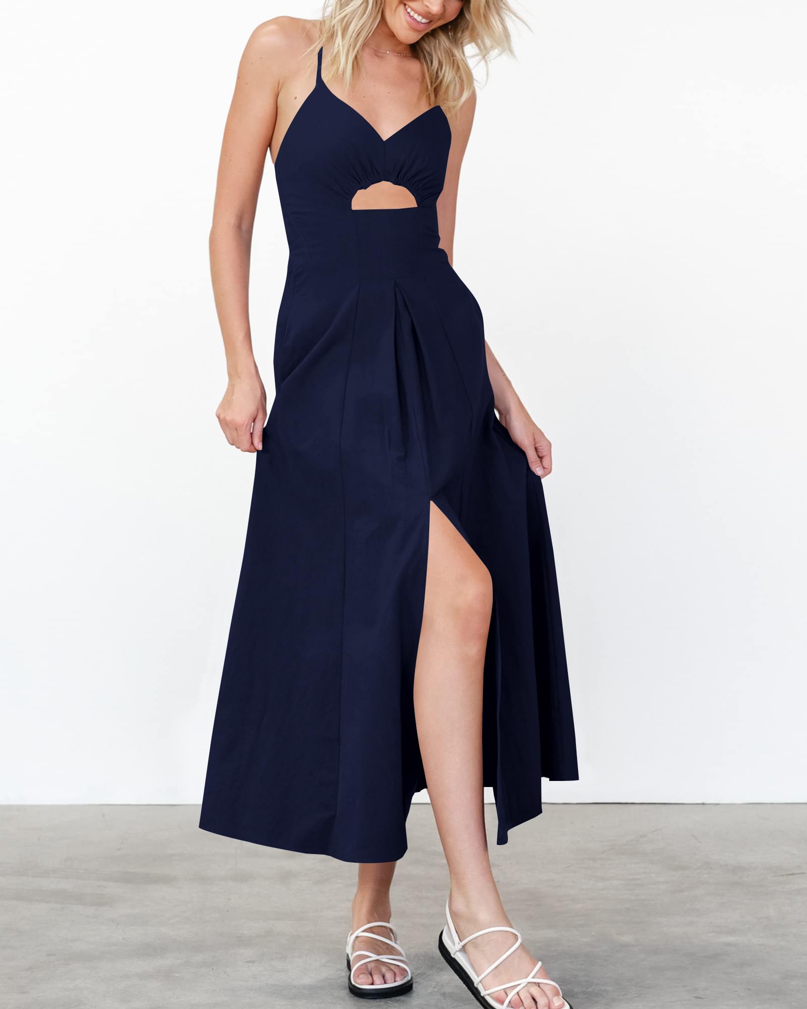 BTFBM Women Spaghetti Strap Midi Summer Dresses Sleeveless V Neck Cutout Slit Casual Beach Party Maxi Dress Pockets