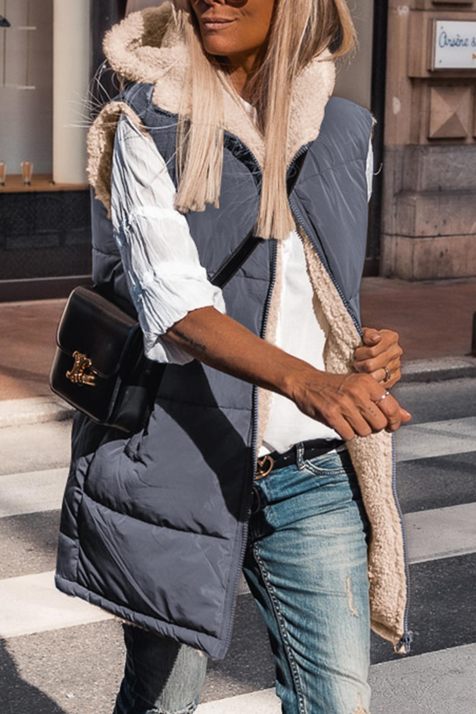 PRETTYGARDEN Womens Fall Reversible Long Vests Sleeveless Fleece Jacket Zip Up Hoodie Pockets Warm Coat Winter Clothing