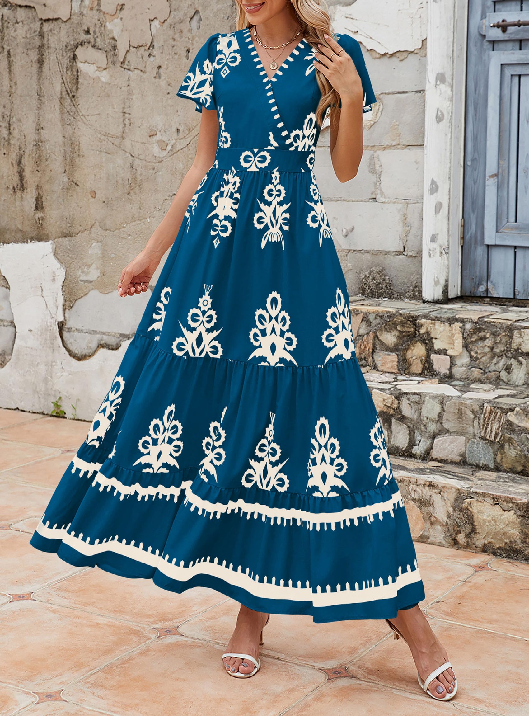 PRETTYGARDEN Womens Summer Casual V Neck Boho Maxi Dress Flowy Aline Bell Sleeve Tiered Floral Dresses with Pocket