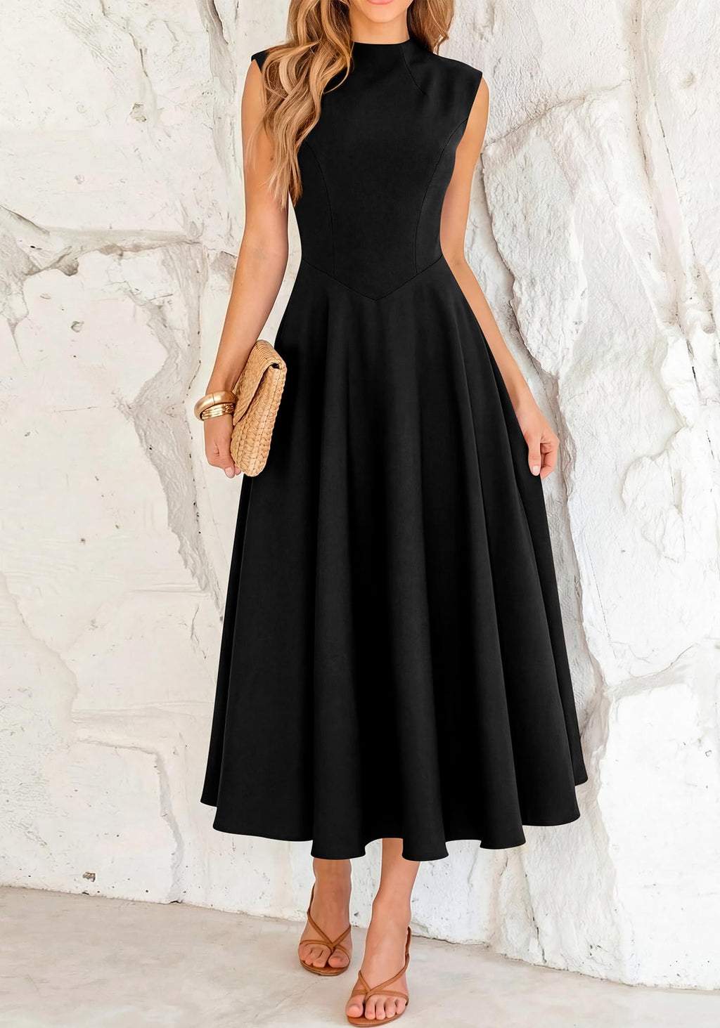 BTFBM Summer Dresses for Women Mock Neck Sleeveless High Waist Flowy Aline Maxi Spring Wedding Guest Dress Cocktail