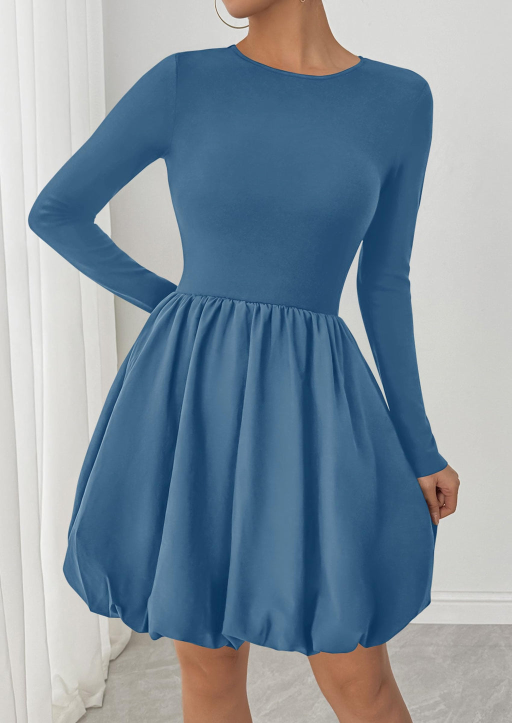 PRETTYGARDEN Fall Dresses for Women Casual Long Sleeve Bubble Cute Crew Neck A Line Mini Short Dress with Pockets