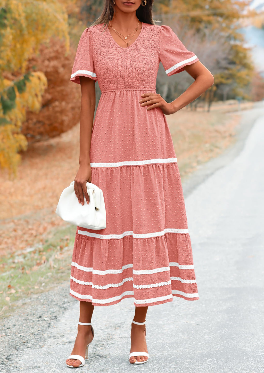 PRETTYGARDEN Women's Casual Summer Maxi Dress Short Sleeve Swiss Dot V Neck Smocked Long Flowy Beach Dresses
