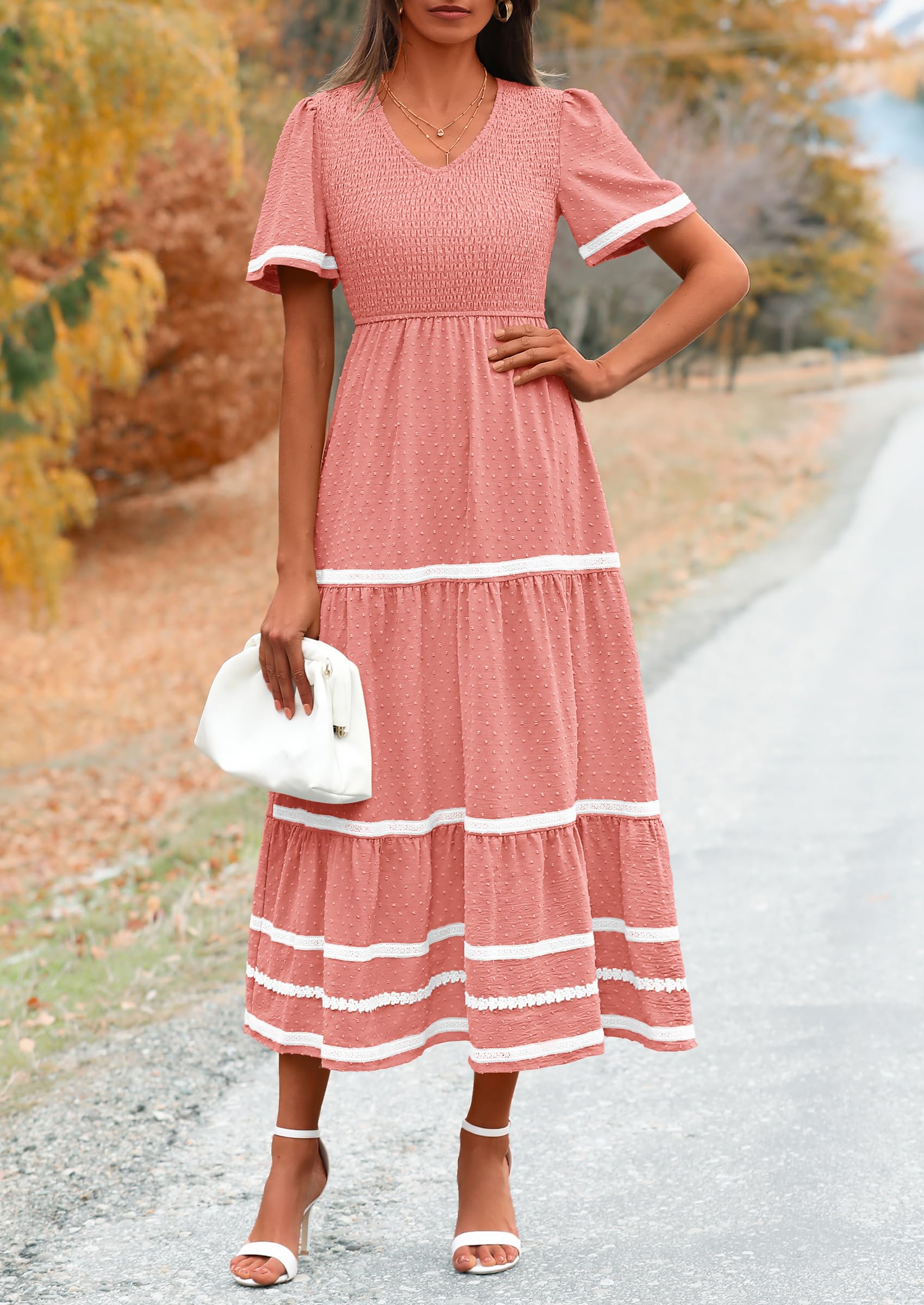 PRETTYGARDEN Women's Casual Summer Maxi Dress Short Sleeve Swiss Dot V Neck Smocked Long Flowy Beach Dresses