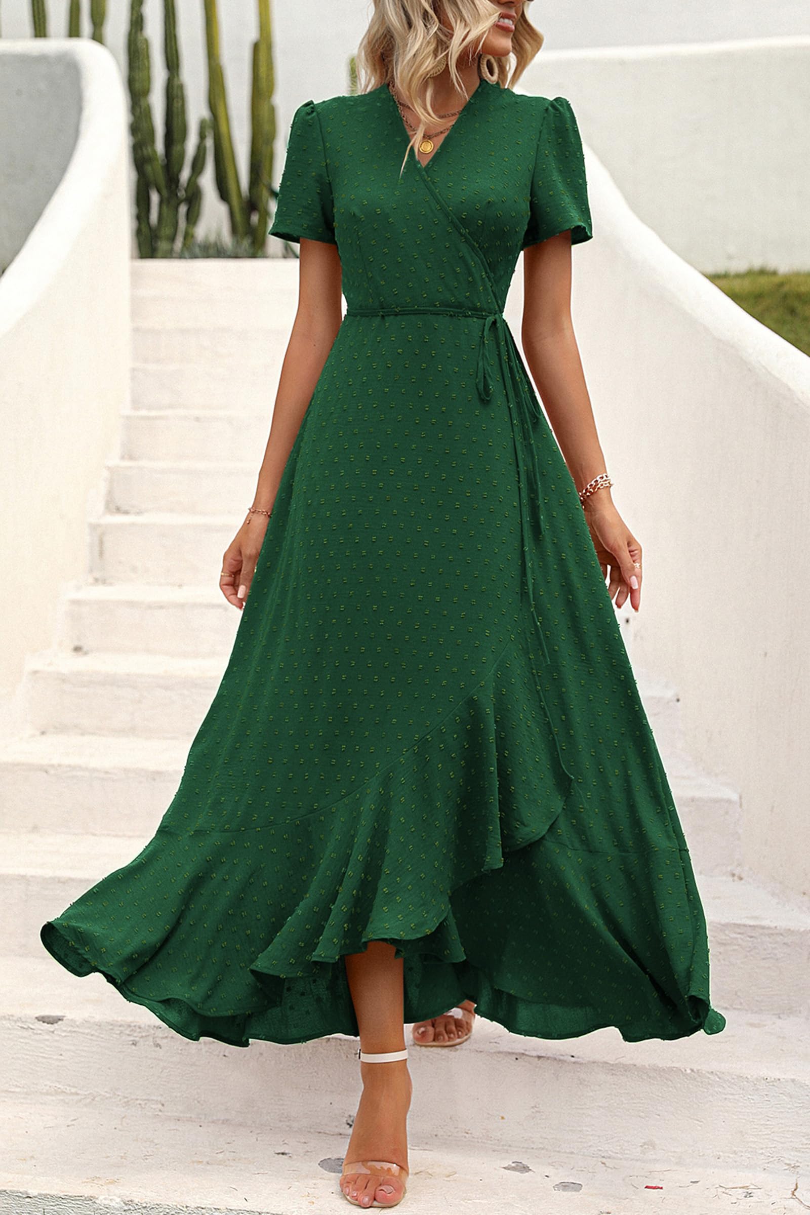PRETTYGARDEN Women's Boho Floral Maxi Dress Summer Short Sleeve Wrap V Neck Long Flowy Beach Vacation Wedding Guest Dresses