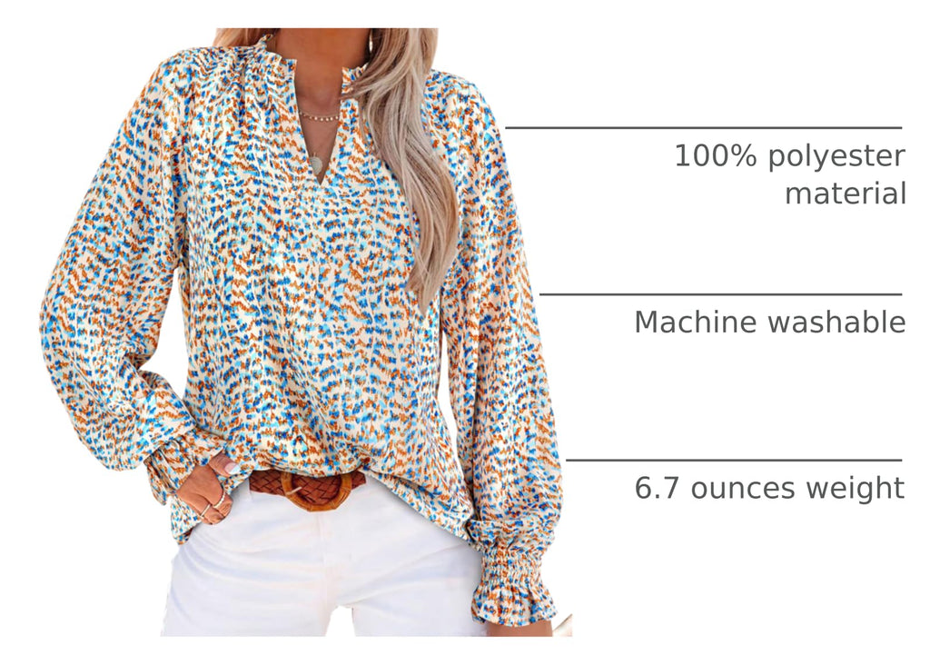 FreshPretty Womens V Neck Floral Long Sleeve Tops Summer Casual Loose Puff Sleeve Chiffon Boho Work Blouse Dressy T Shirts