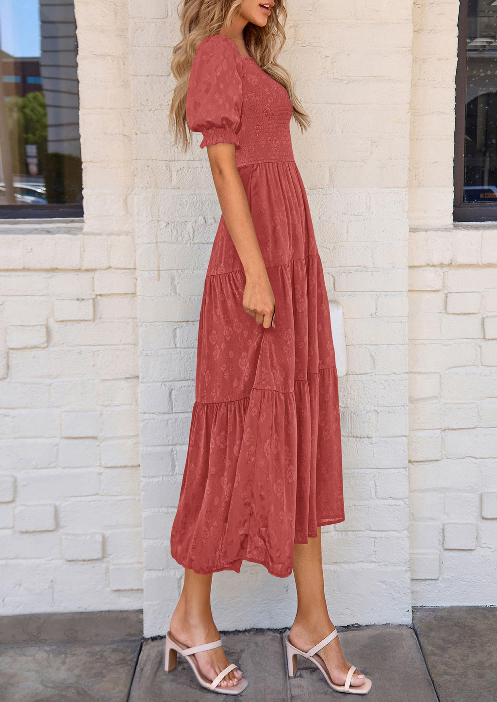 PRETTYGARDEN Women's Summer Casual Midi Dresses Square Neck Short Sleeve Smocked A Line Floral Flowy Elegant Boho Dress