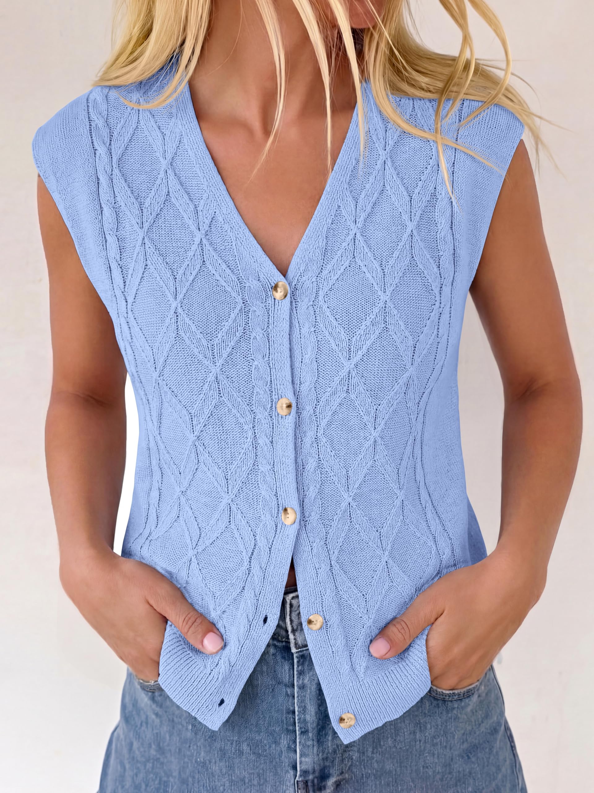 BTFBM Vest Tops for Women Summer V Neck Button Loose Lightweight Cardigan Knit Cap Sleeve Sweater Vests Fashion Clothing