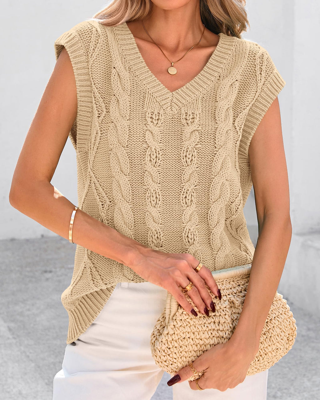 FreshPretty Sweater Vest Women Oversized V Neck Cable Knit Casual Pullover Sweaters Fall Outfits Sleeveless Tops