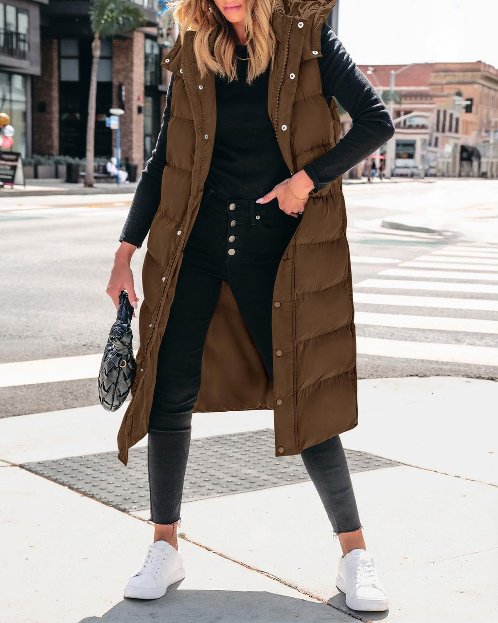BTFBM Long Puffer Vest Women Quilted Hooded Button Down Zip Up Sleeveless Vests Outerwear Padded Jacket Fall Winter Coat