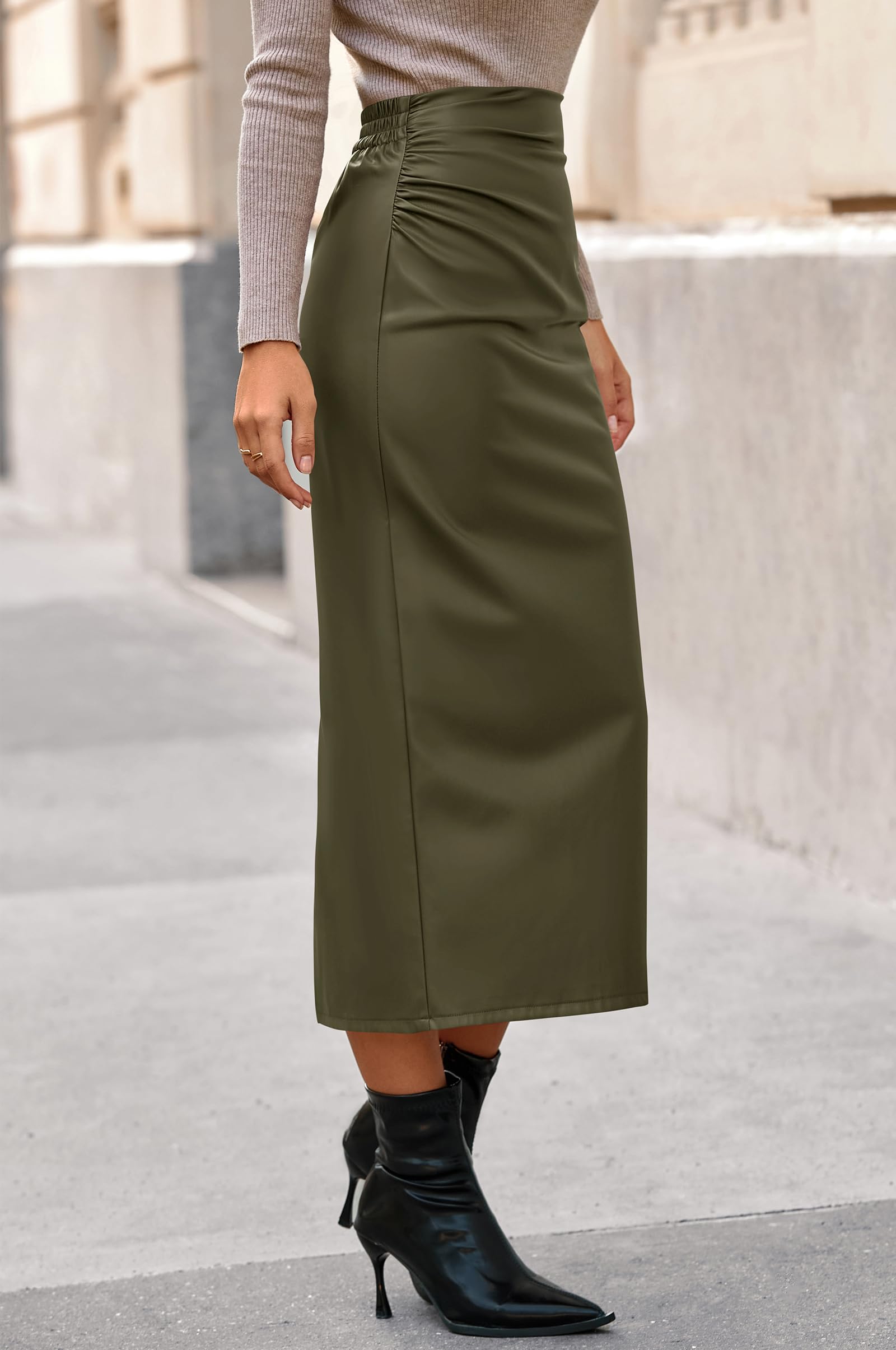 BTFBM Skirts for Women Trendy Spring Elastic Waist Ruched Bodycon Slit Pencil Midi Leather Skirt Bussiness Casual