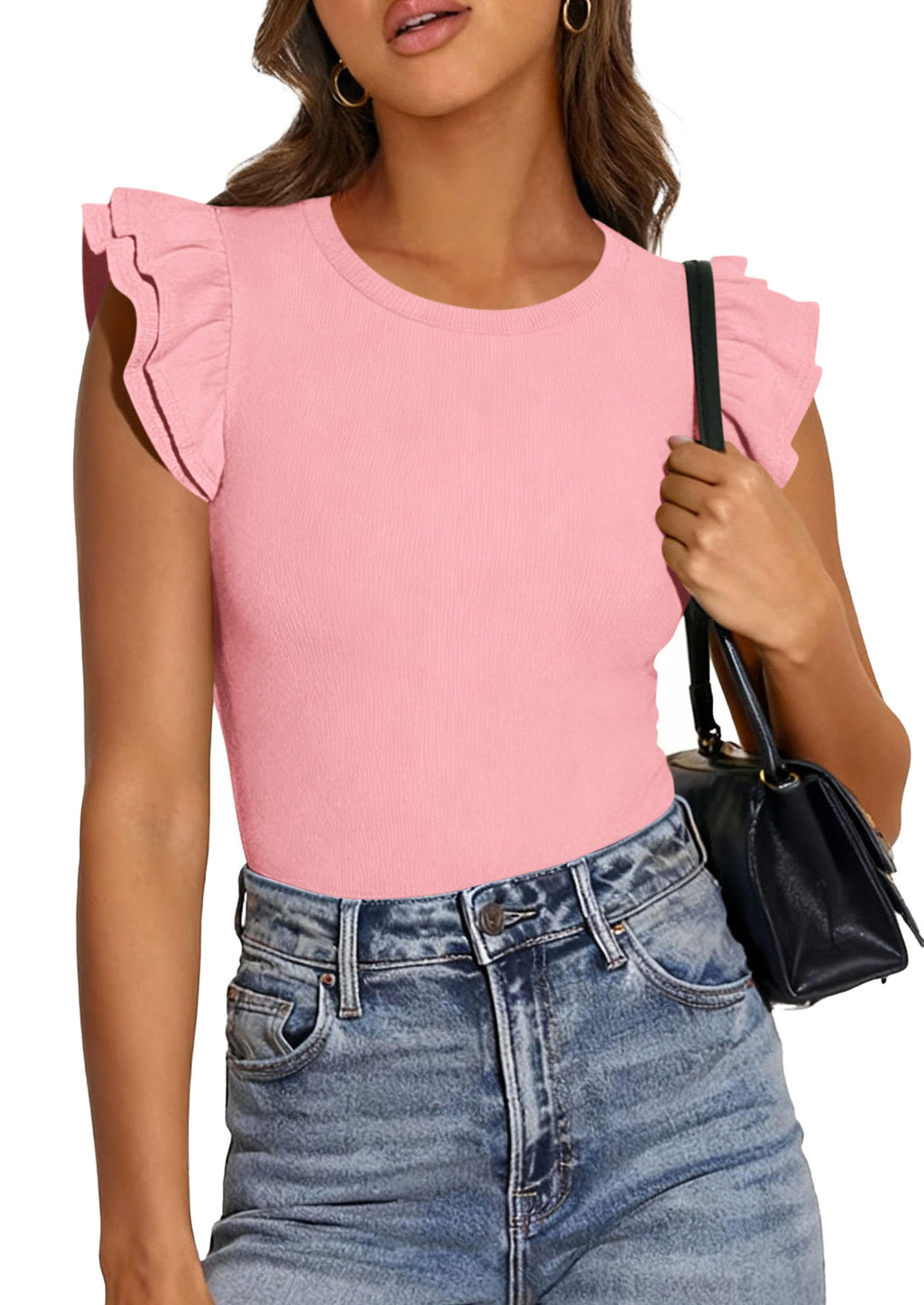 PRETTYGARDEN Womens Summer Crew Neck T Shirts Trendy Ruffle Sleeve Slim Fit Knit Going Out Tops Casual Spring Clothes