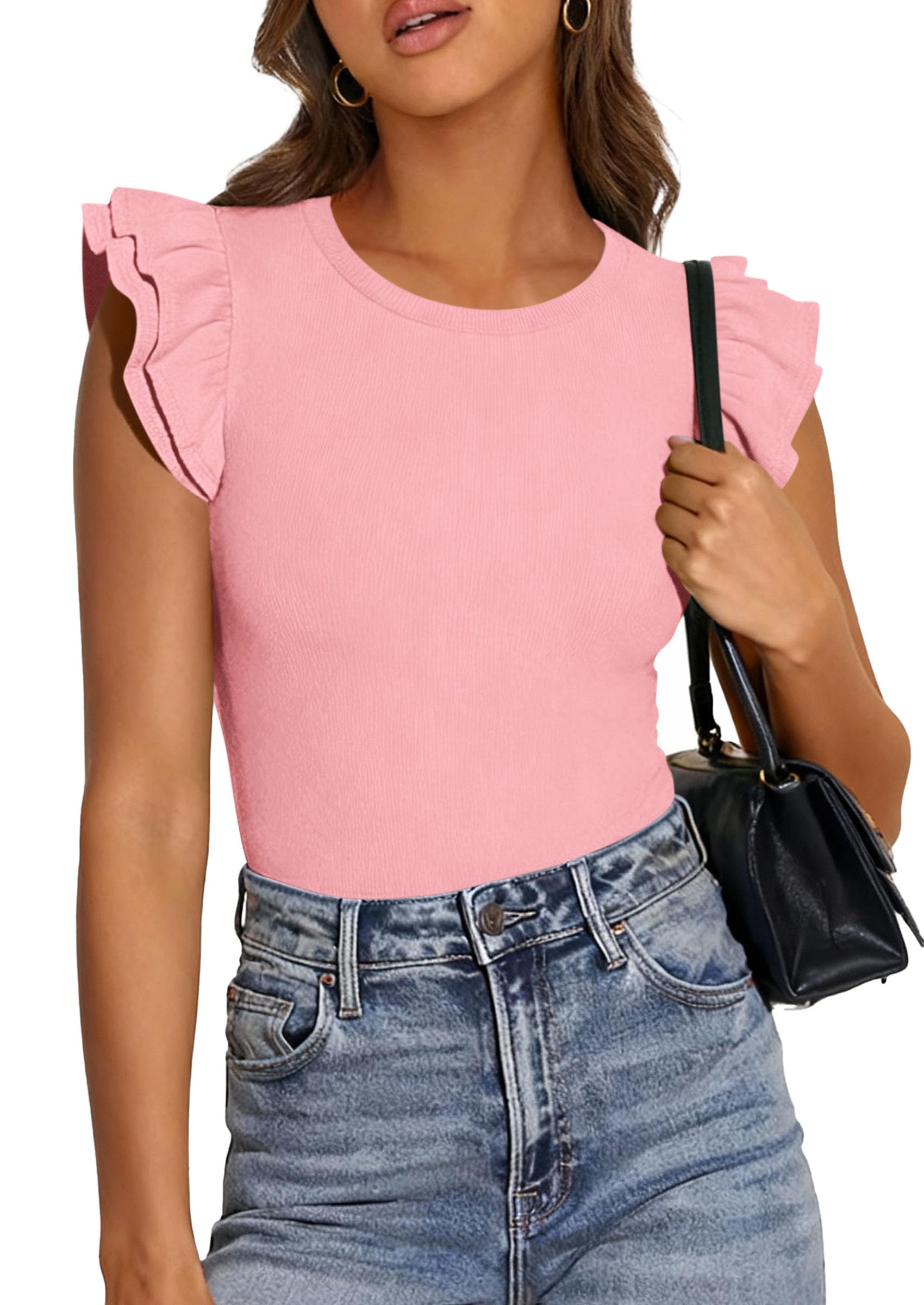 PRETTYGARDEN Womens Summer Crew Neck T Shirts Trendy Ruffle Sleeve Slim Fit Knit Going Out Tops Casual Spring Clothes