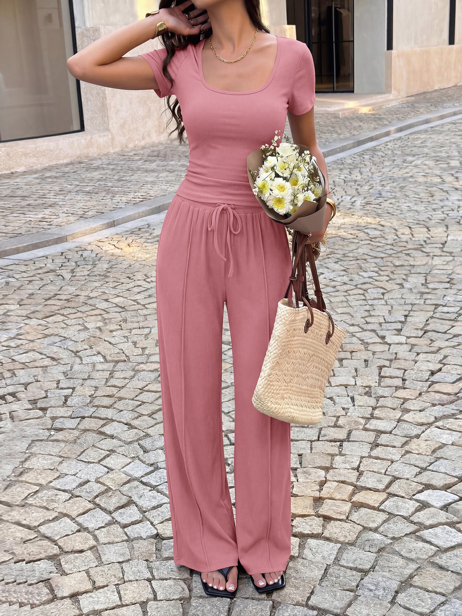 BTFBM Womens Summer 2 Piece Outfits Square Neck Short Sleeve Drawstring Pants Knit Spring Lounge Matching Sets