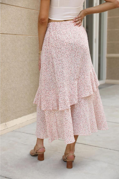 FreshPretty Women Summer Fall Boho Long Skirts Dress Floral Print Elastic Waist Split Ruffle High Low Beach Maxi Skirt