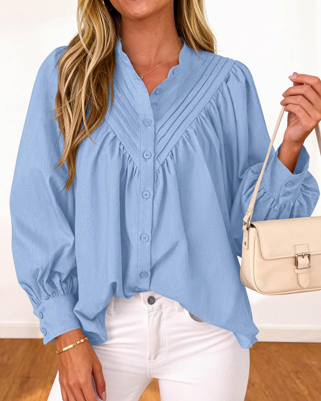 FreshPretty Blouses for Women Dressy Casual Fashion Clothing Long Sleeve Shirts Loose Fit Button Down Pleated Boho Going Out Tops