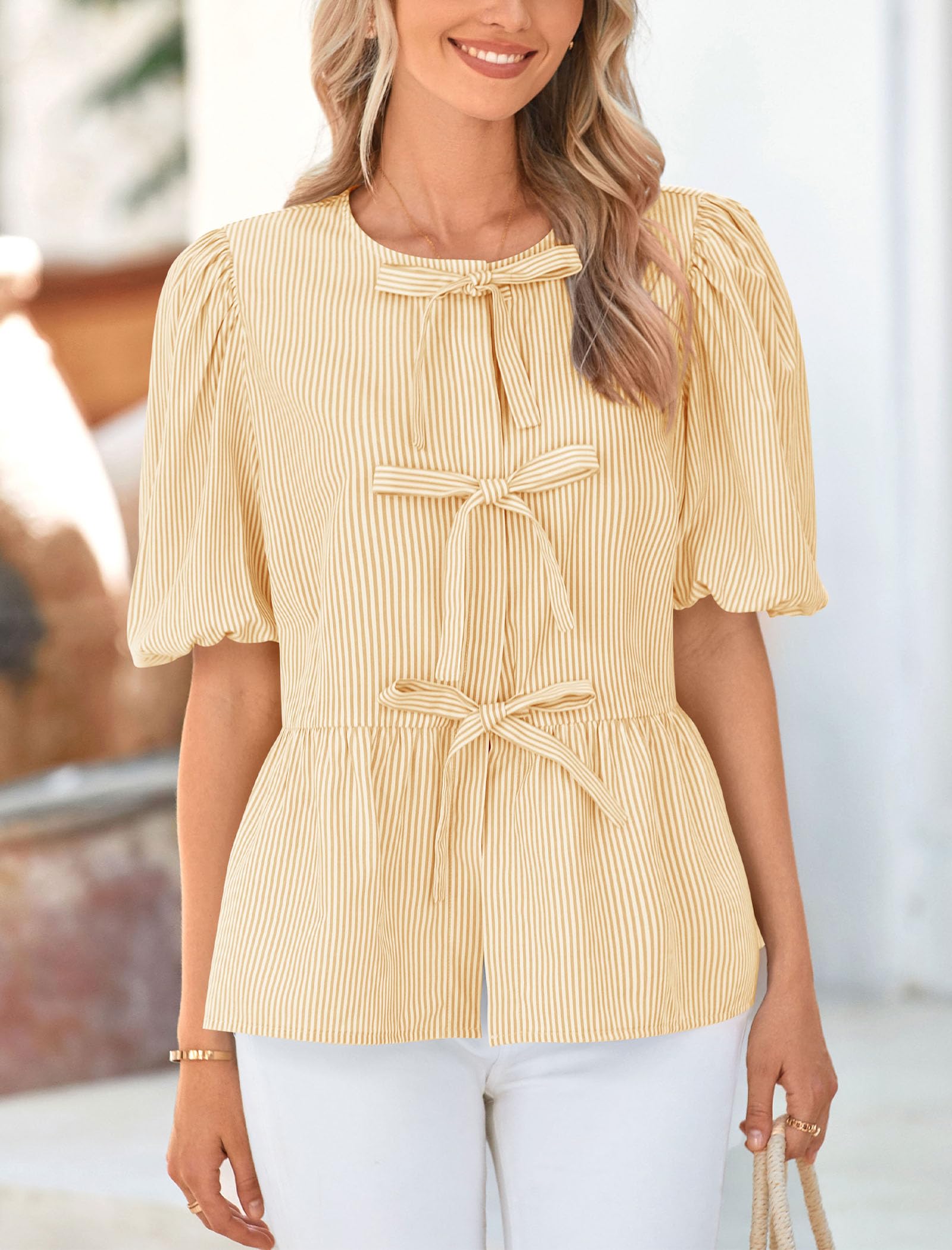 PRETTYGARDEN Women's Tie Front Striped Shirt Summer Trendy Fashion Cute Babydoll Tops Peplum Puffy Sleeve Blouse