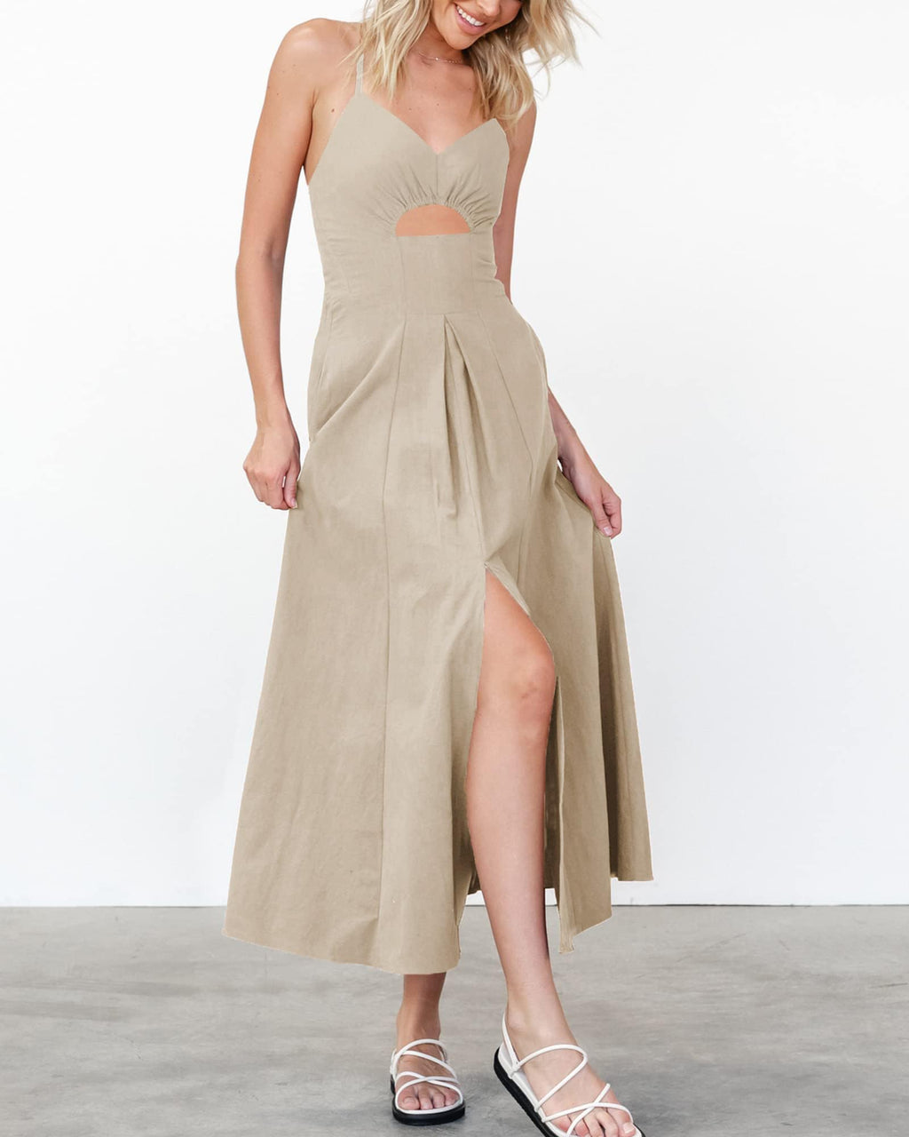 FreshPretty Women Summer Spaghetti Strap Midi Dress Sleeveless V Neck Cutout Slit Casual Beach Party Maxi Dresses Pockets