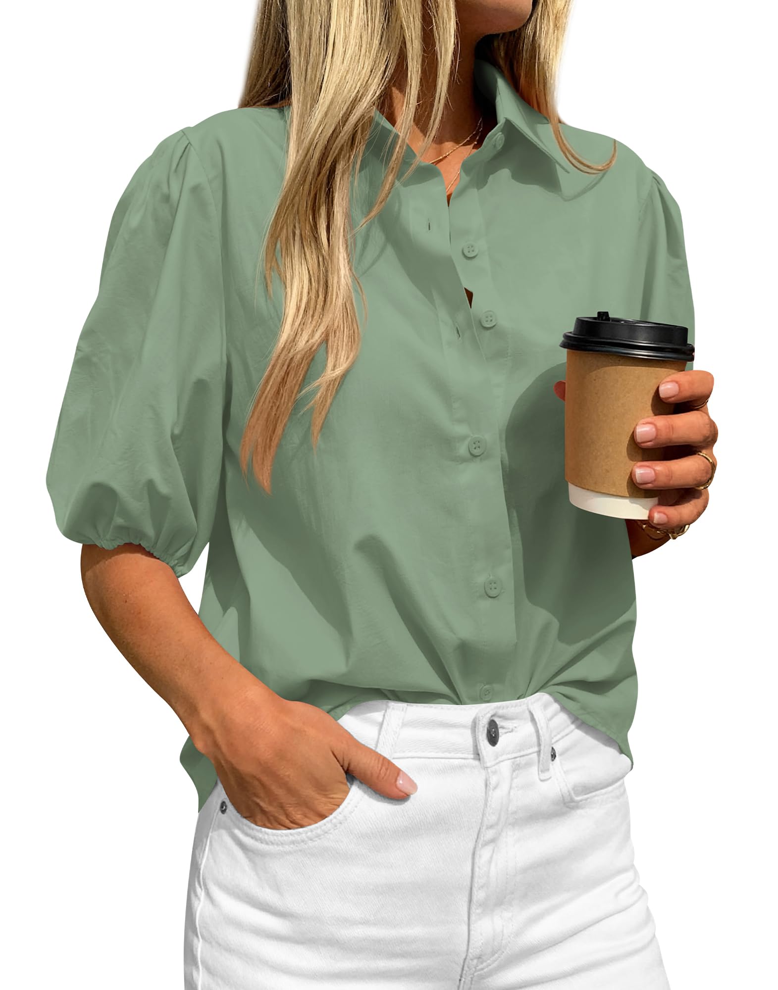 BTFBM Women's Button Down Shirts Short Puff Sleeve Collared V Nec Summer Tops Dressy Casual Work Business Blouses