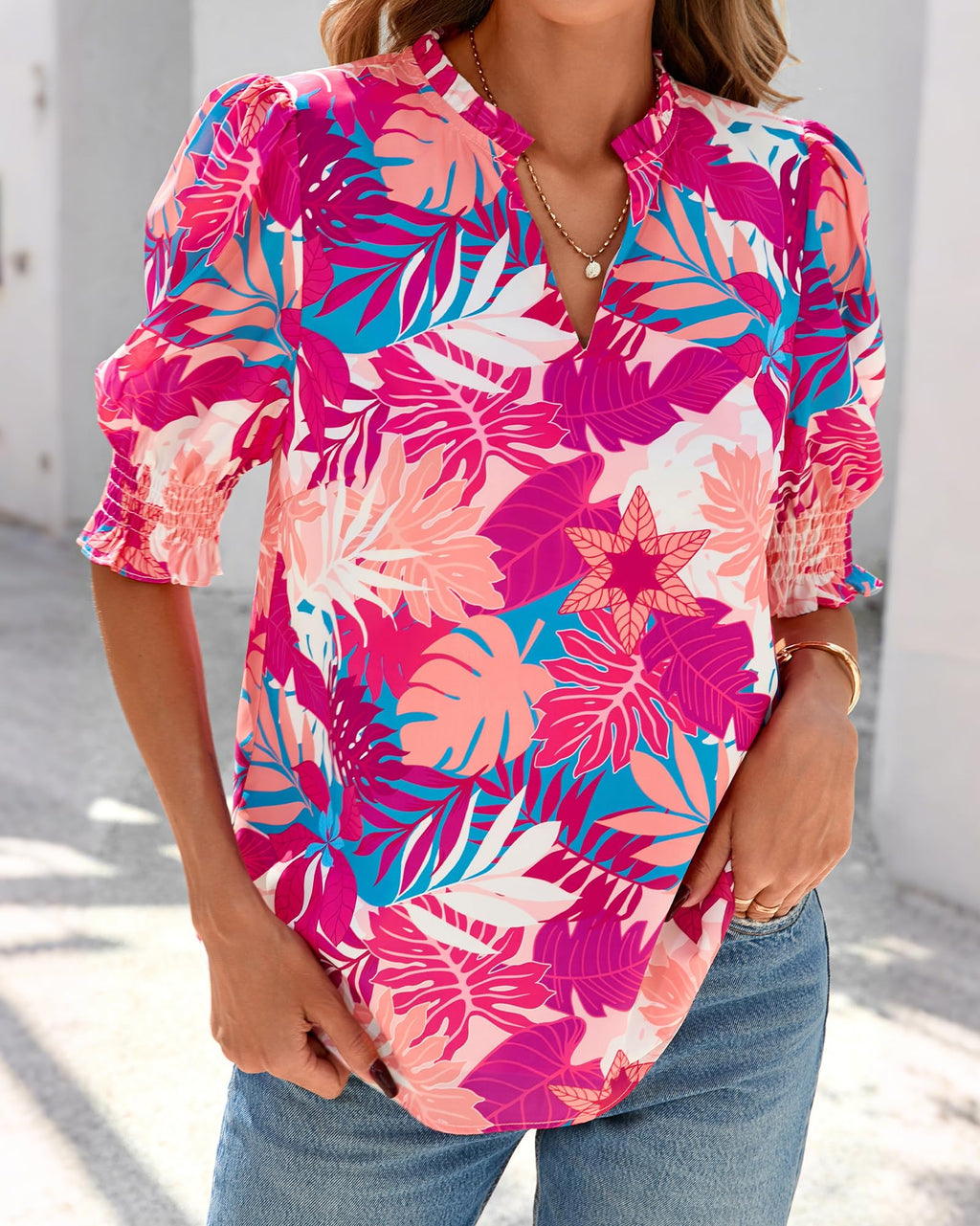 FreshPretty Summer Blouses for Women Dressy Casual  Fashion Spring Tops Floral Boho V Neck Puff Short Sleeve Top Shirts
