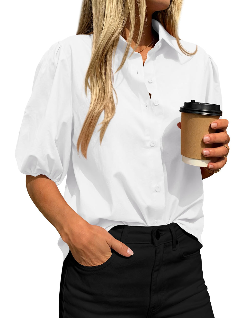 BTFBM Women's Button Down Shirts Short Puff Sleeve Collared V Nec Summer Tops Dressy Casual Work Business Blouses