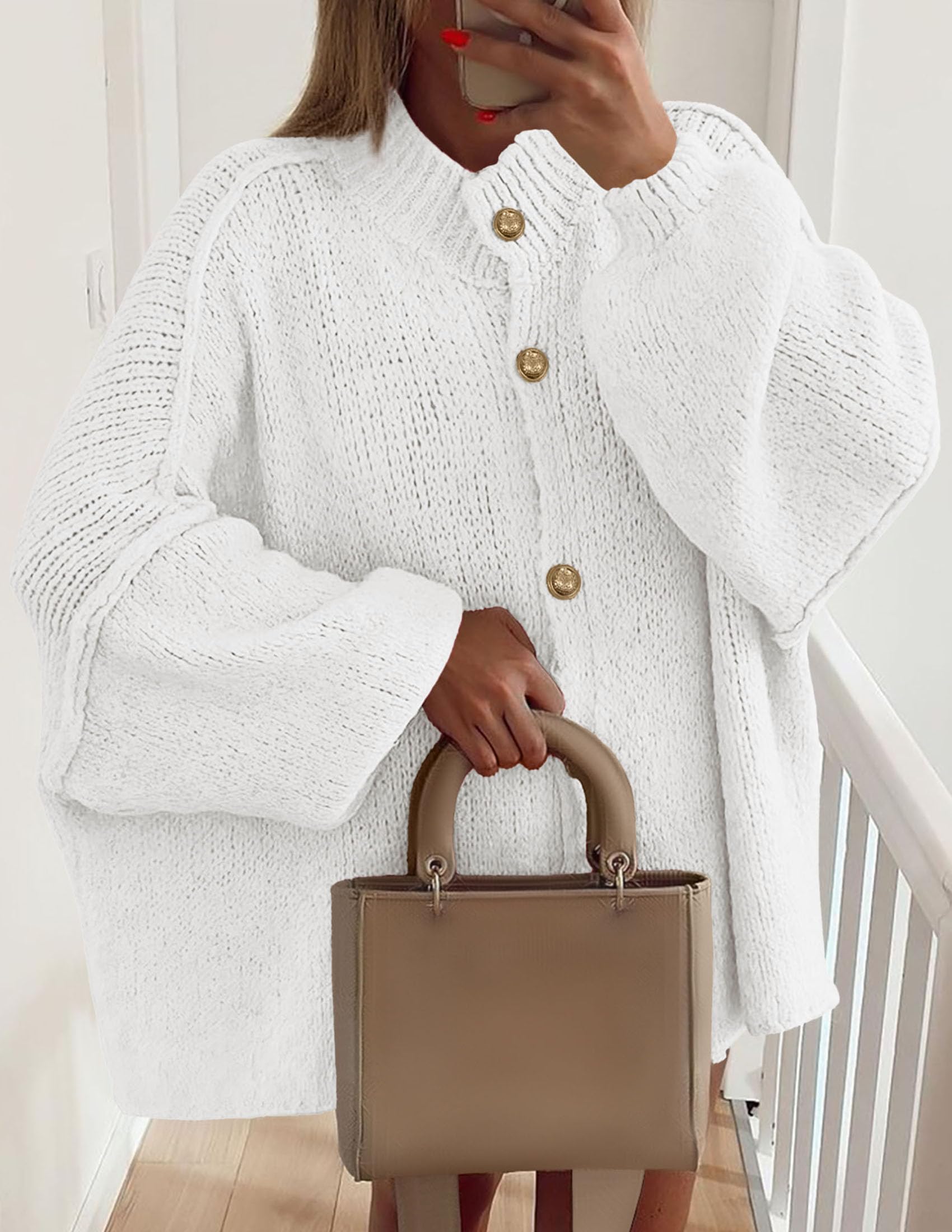 PRETTYGARDEN Women's Winter Button Down Cardigan Sweaters Mock Neck Lantern Long Sleeve Chunky Knit Jacket Trendy Outerwear