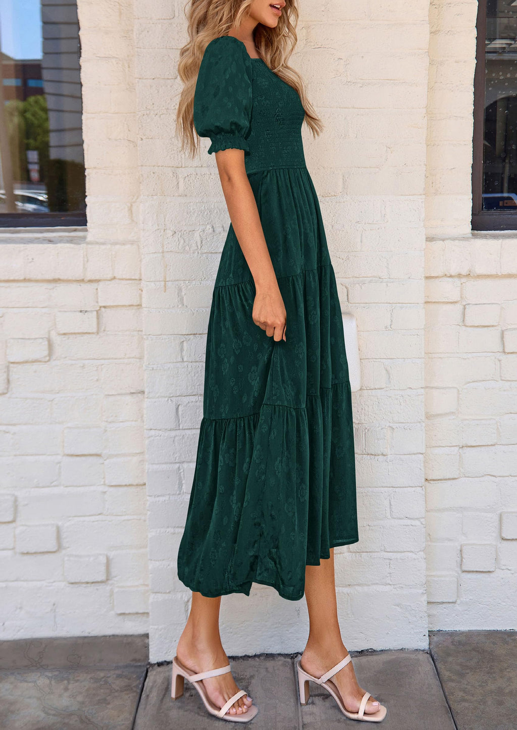 PRETTYGARDEN Women's Summer Casual Midi Dresses Square Neck Short Sleeve Smocked A Line Floral Flowy Elegant Boho Dress
