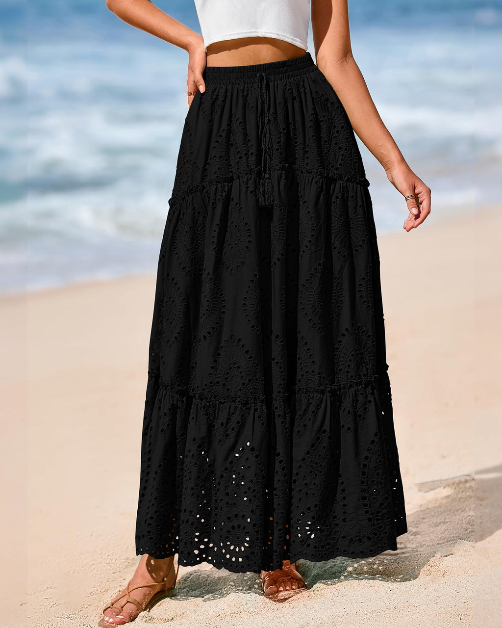 BTFBM Long Skirts for Women Summer Boho Lace Embroidery High Waist Flowy Tiered Spring Maxi Skirt Beach Vacation