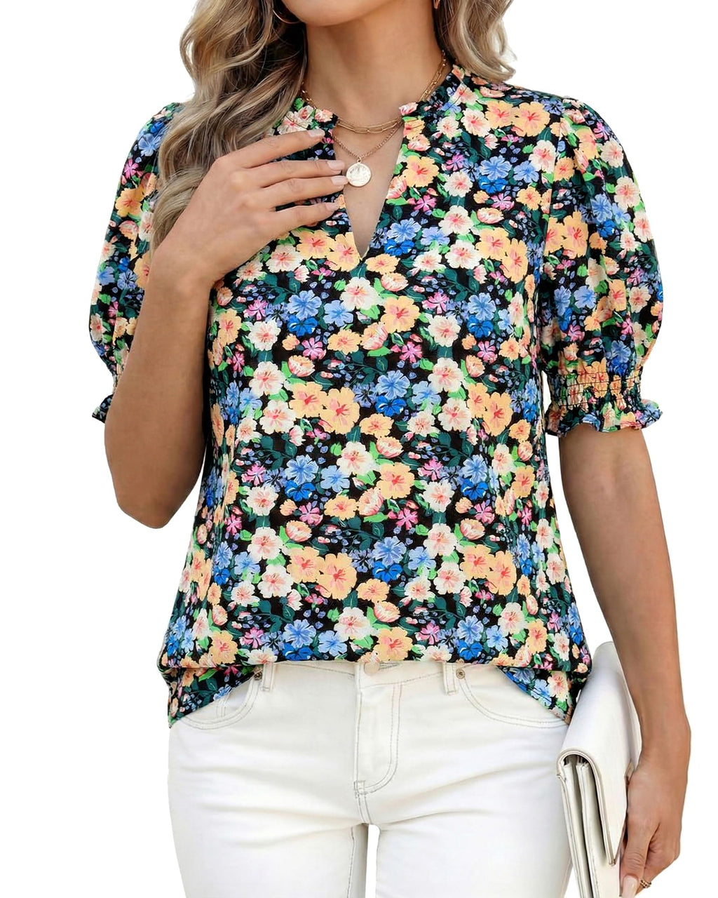 BTFBM Summer Blouses for Women Dressy Casual Fashion Spring Tops Floral Boho V Neck Puff Short Sleeve Top Shirts