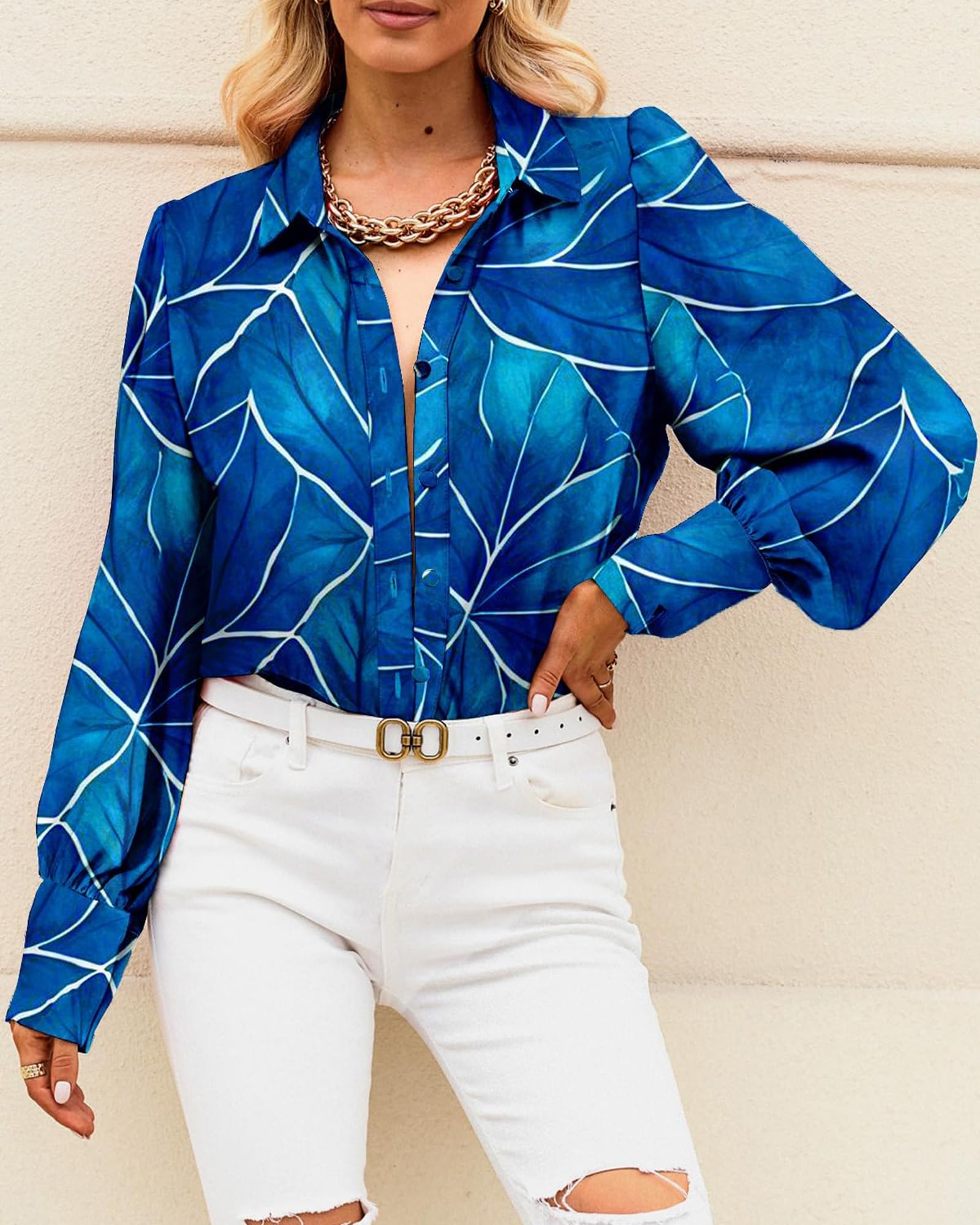 BTFBM Women Fashion Button Down Shirts V Neck Boho Printed Long Sleeve Blouses Dressy Casual Spring Fall Tops