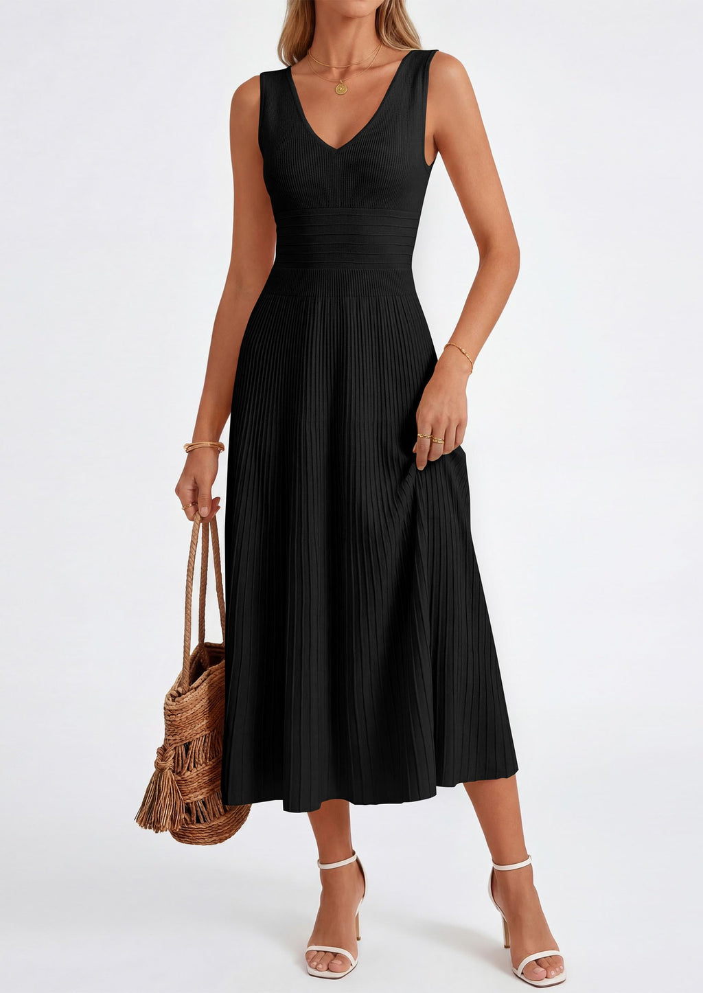 PRETTYGARDEN Women's Summer Casual Dresses Spring Sleeveless V Neck Knit Midi Business Work A Line Cocktail Dress