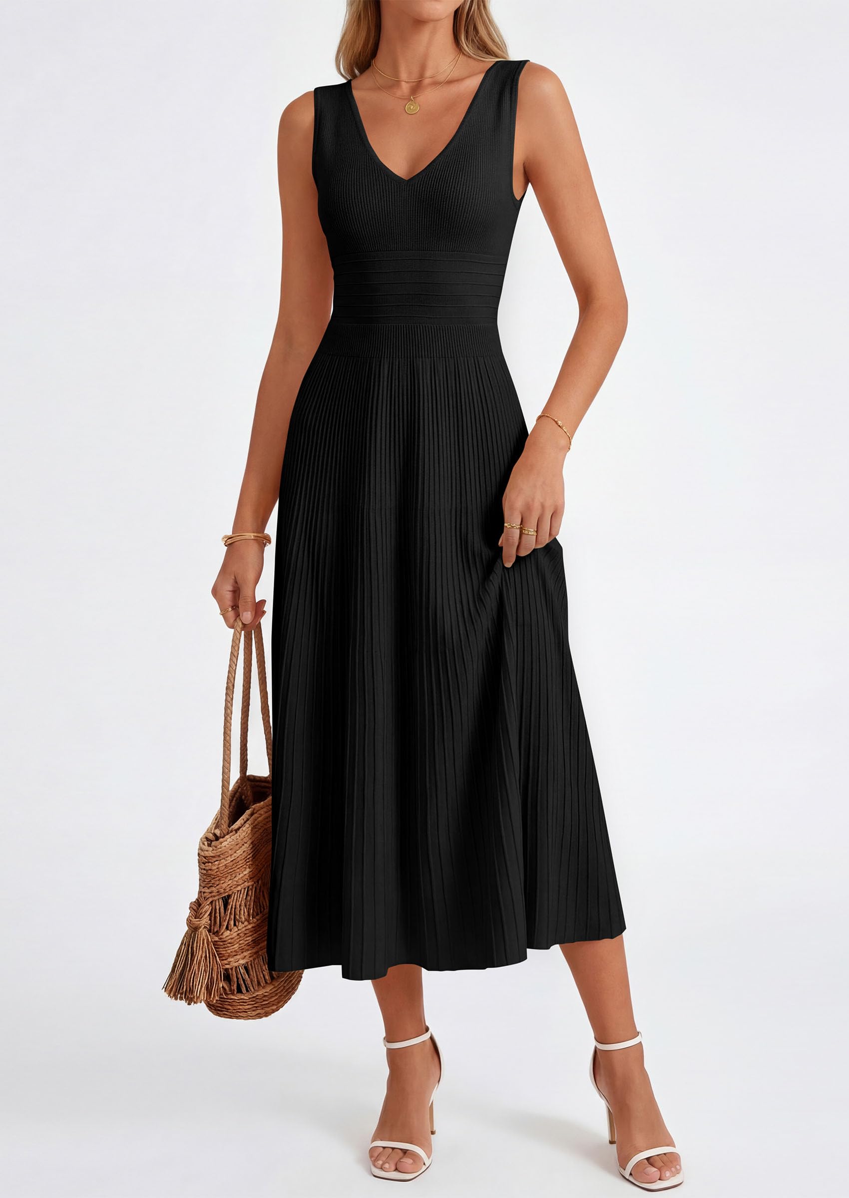 PRETTYGARDEN Women's Summer Casual Dresses Spring Sleeveless V Neck Knit Midi Business Work A Line Cocktail Dress
