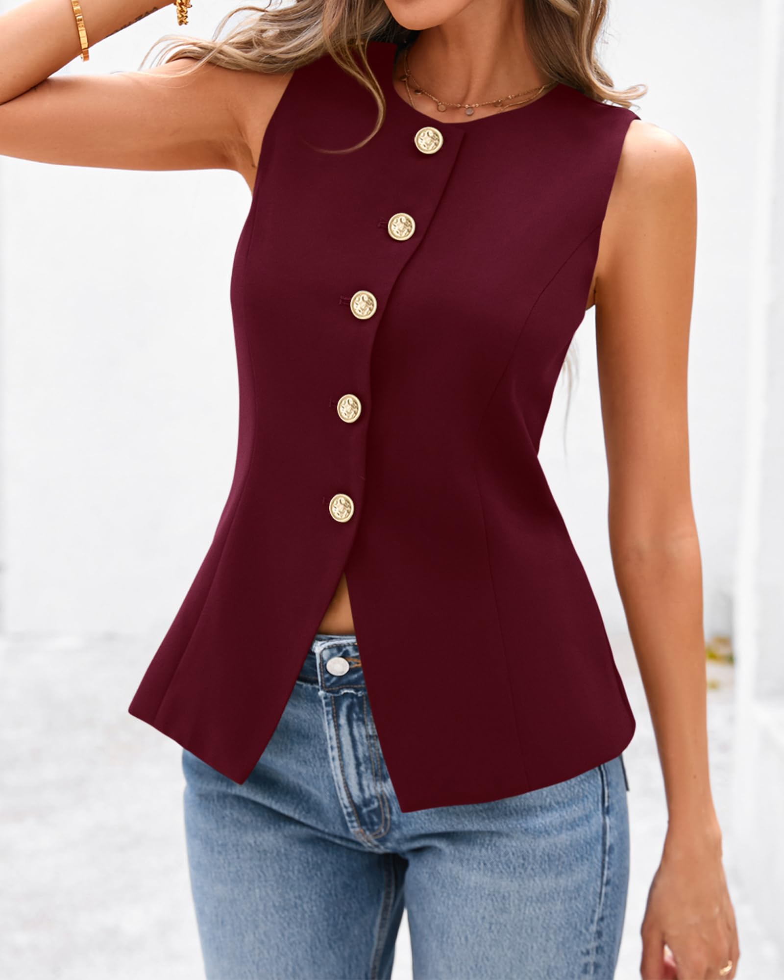 BTFBM Summer Sleeveless Blazer Vest For Women Dressy Button Down Round Neck Business Casual Outfits Work Suit Vests Tops