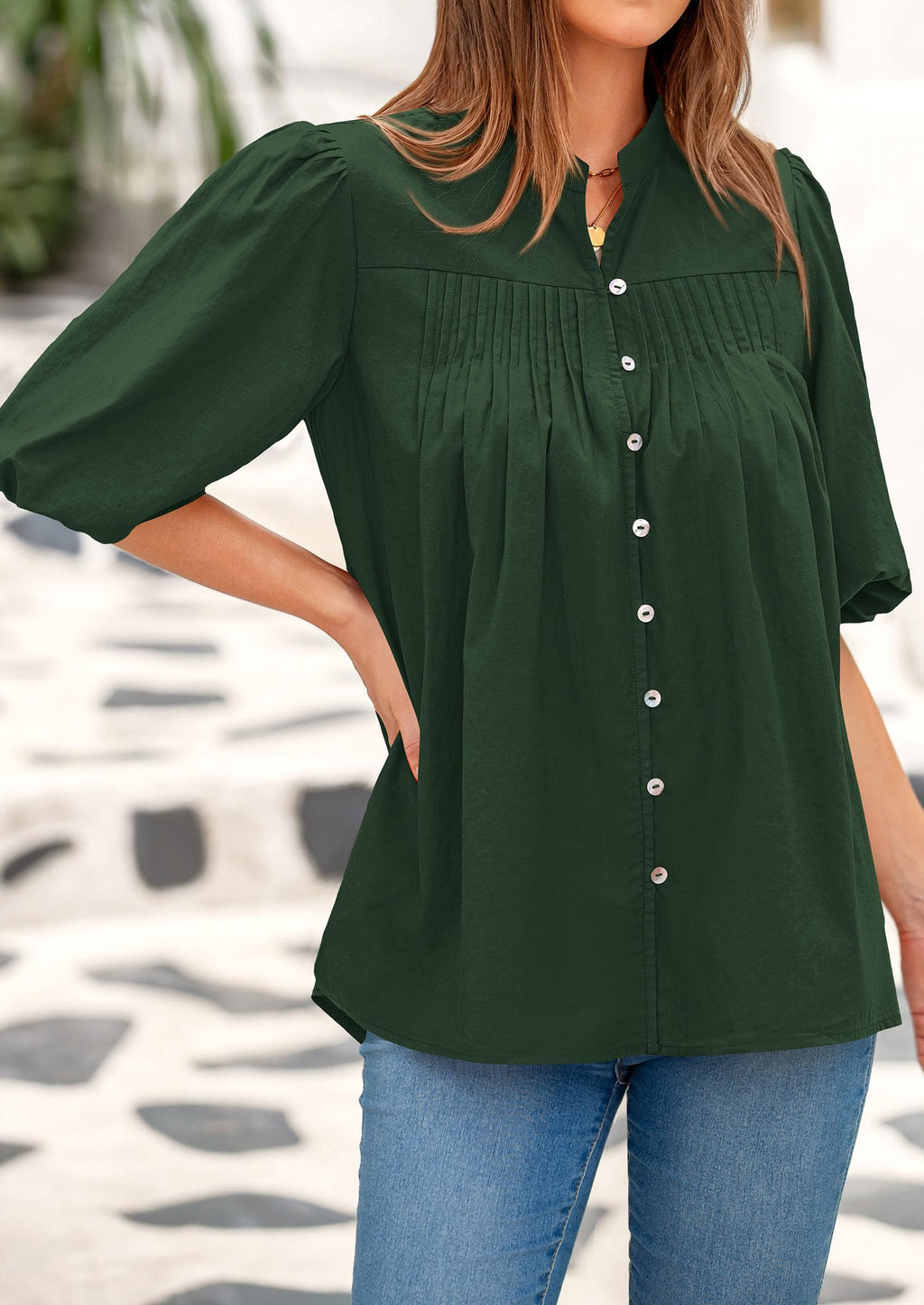 PRETTYGARDEN Women's  Summer Short Lantern Sleeve Tops Loose Fit Button Down Shirt Pleated V Neck Blouses Trendy Clothes
