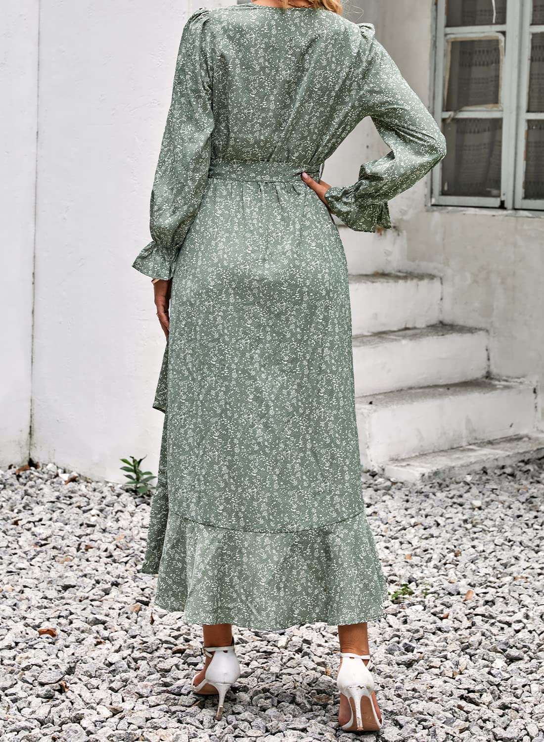 BTFBM Womens Dresses Summer V Neck Floral High Waist Ruffle Wedding Guest Cocktail Boho Spring Long Sleeve Dress