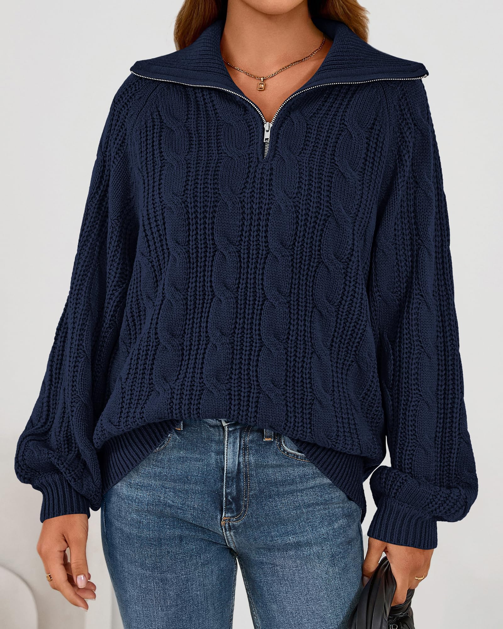 BTFBM Sweaters for Women Fall Fashion Loose Quarter Zip Pullover Collared Long Sleeve Cable Knit Winter Clothes